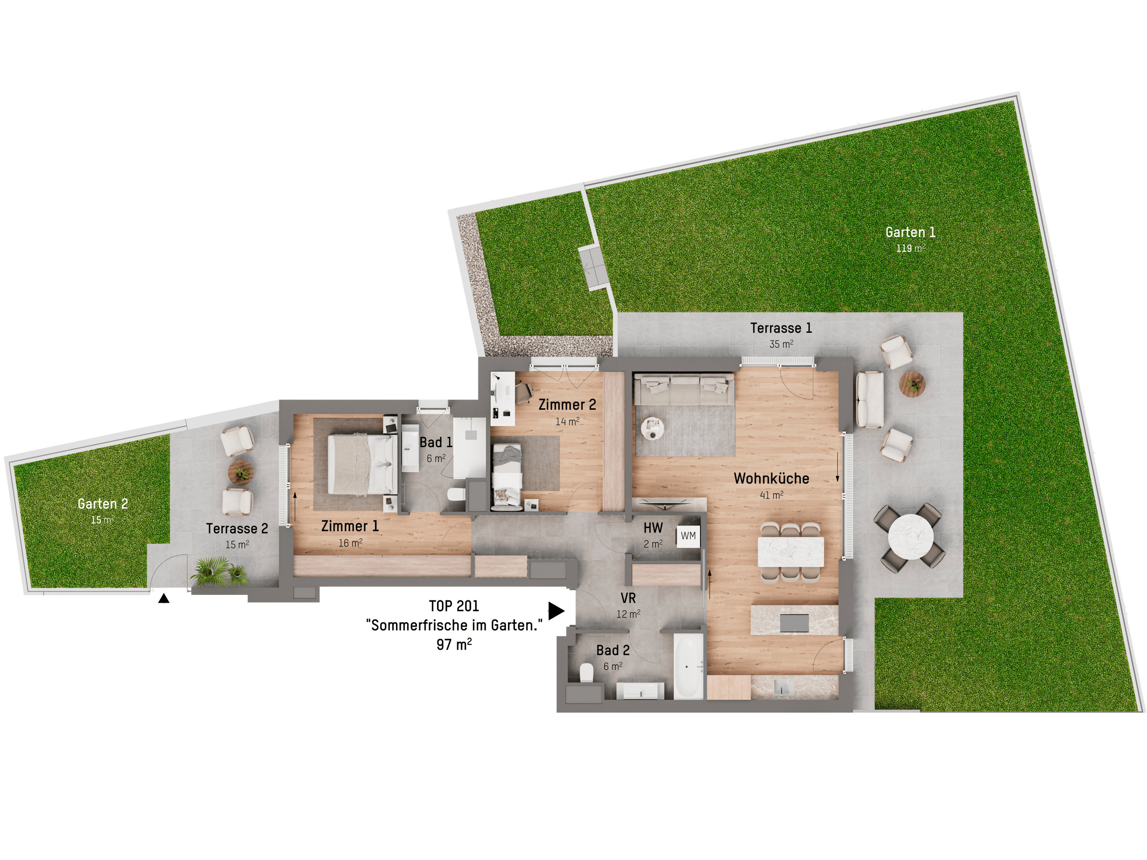 Grundriss TOP 2.01 — Tamariskengasse 34 — 3 Zimmer — 97 m² — Ground floor — Grundriss 1/2