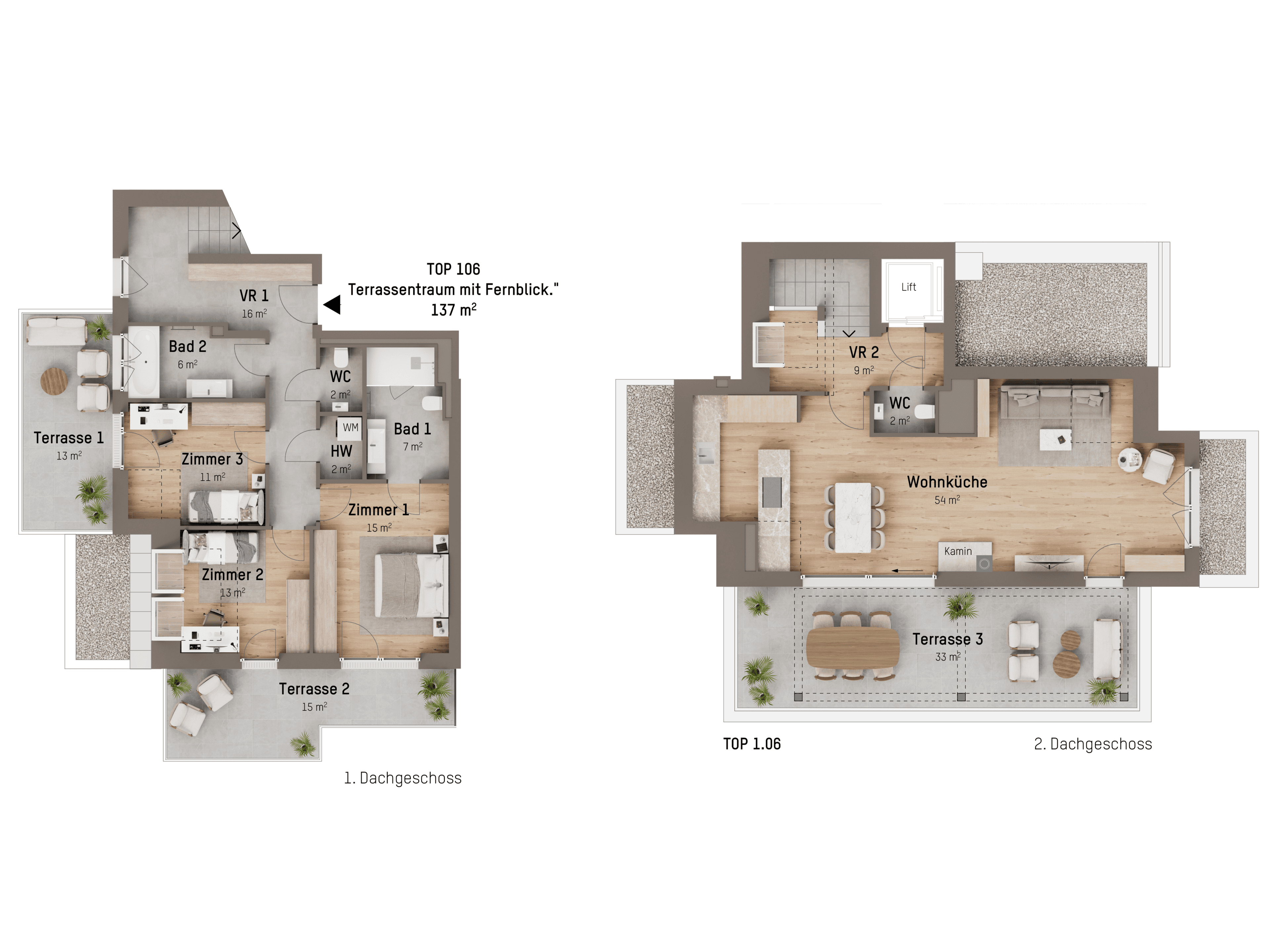 Grundriss TOP 1.06 — Tamariskengasse 34 — 4 Zimmer — 137 m² — 2nd attic floor — Grundriss 1/3