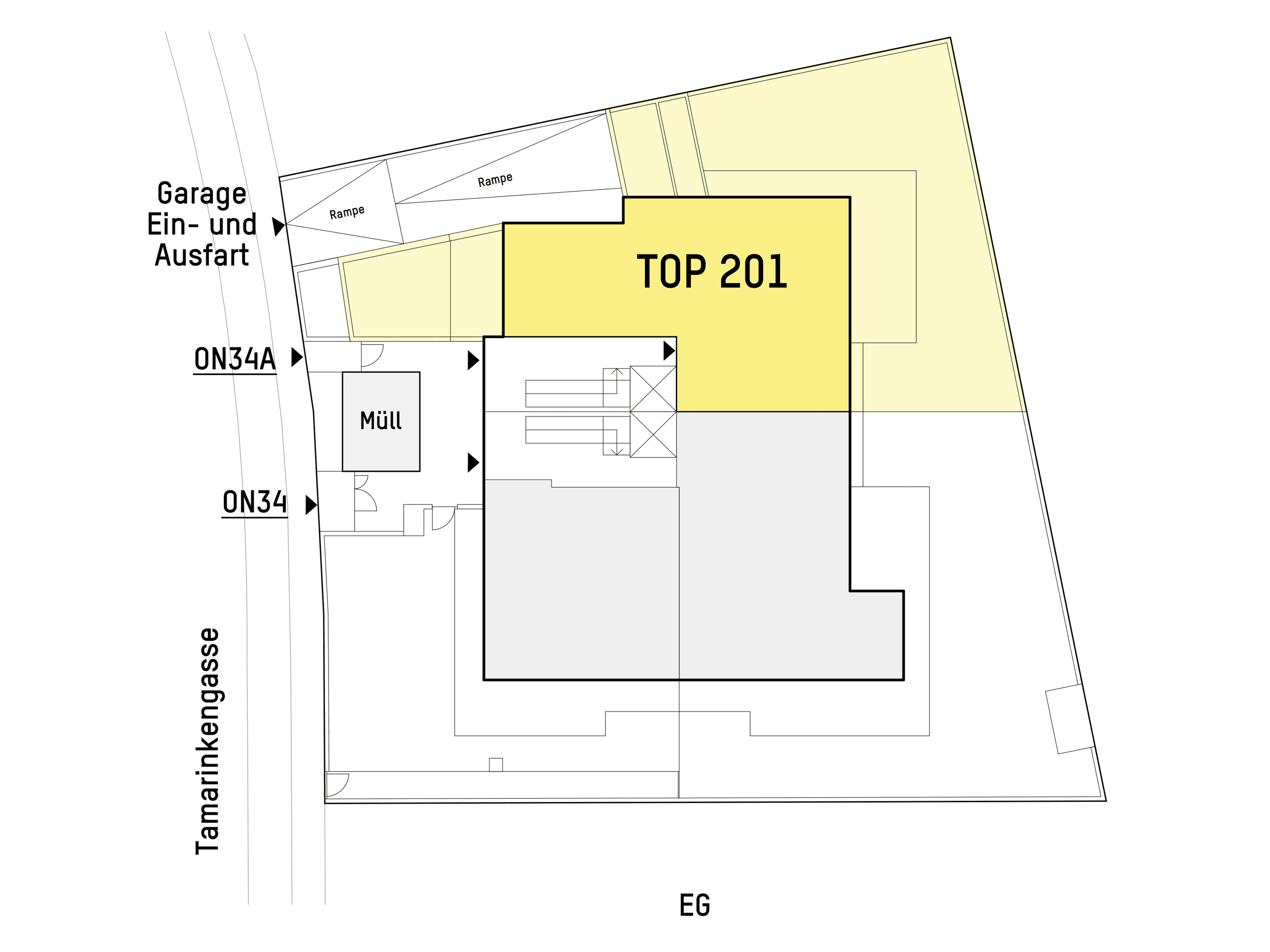 Grundriss TOP 2.01 — Tamariskengasse 34 — 3 Zimmer — 97 m² — Ground floor — Grundriss 2/2