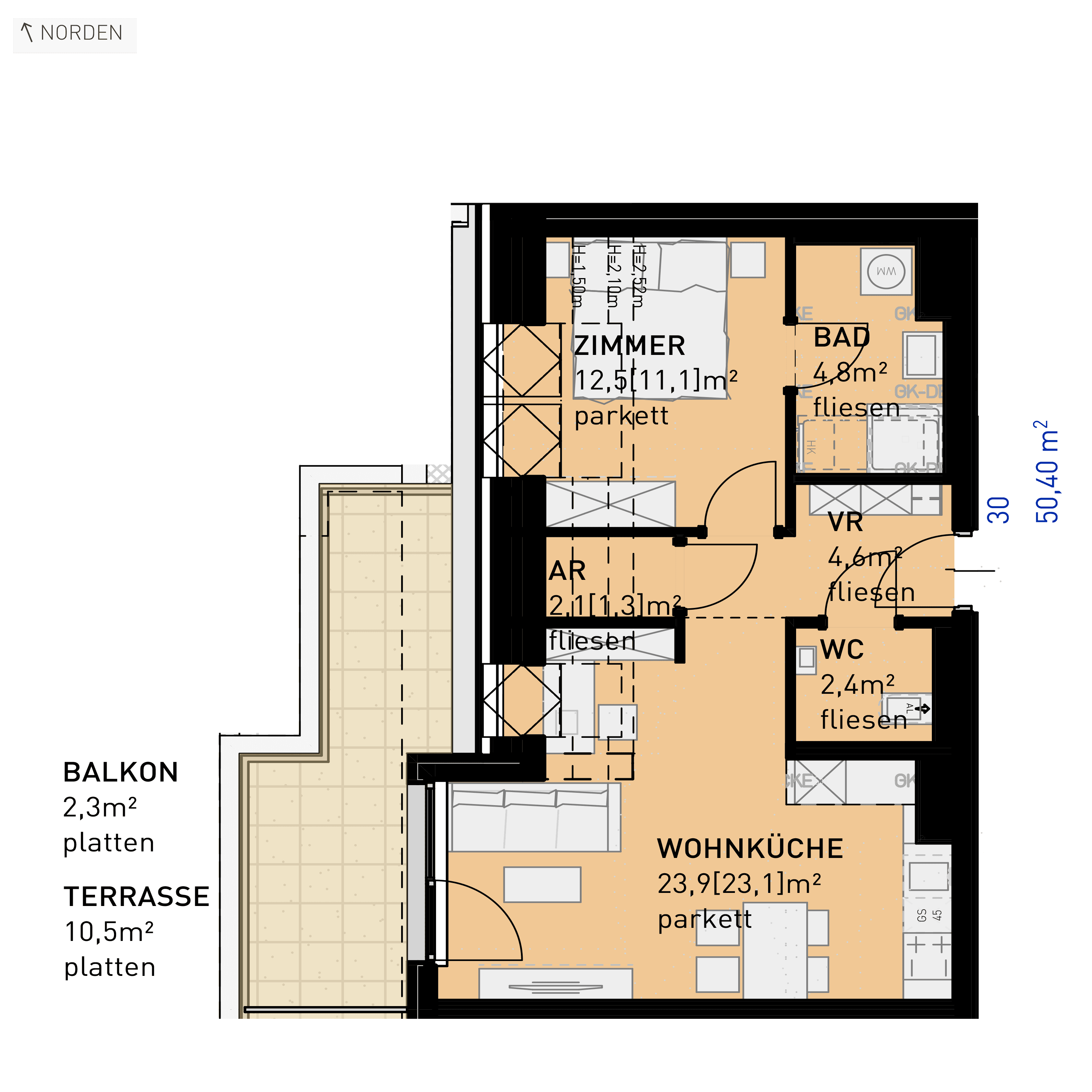 Grundriss Top 30 — Ten Living — 2 Zimmer — 50,3 m² — 1st attic floor — N, W