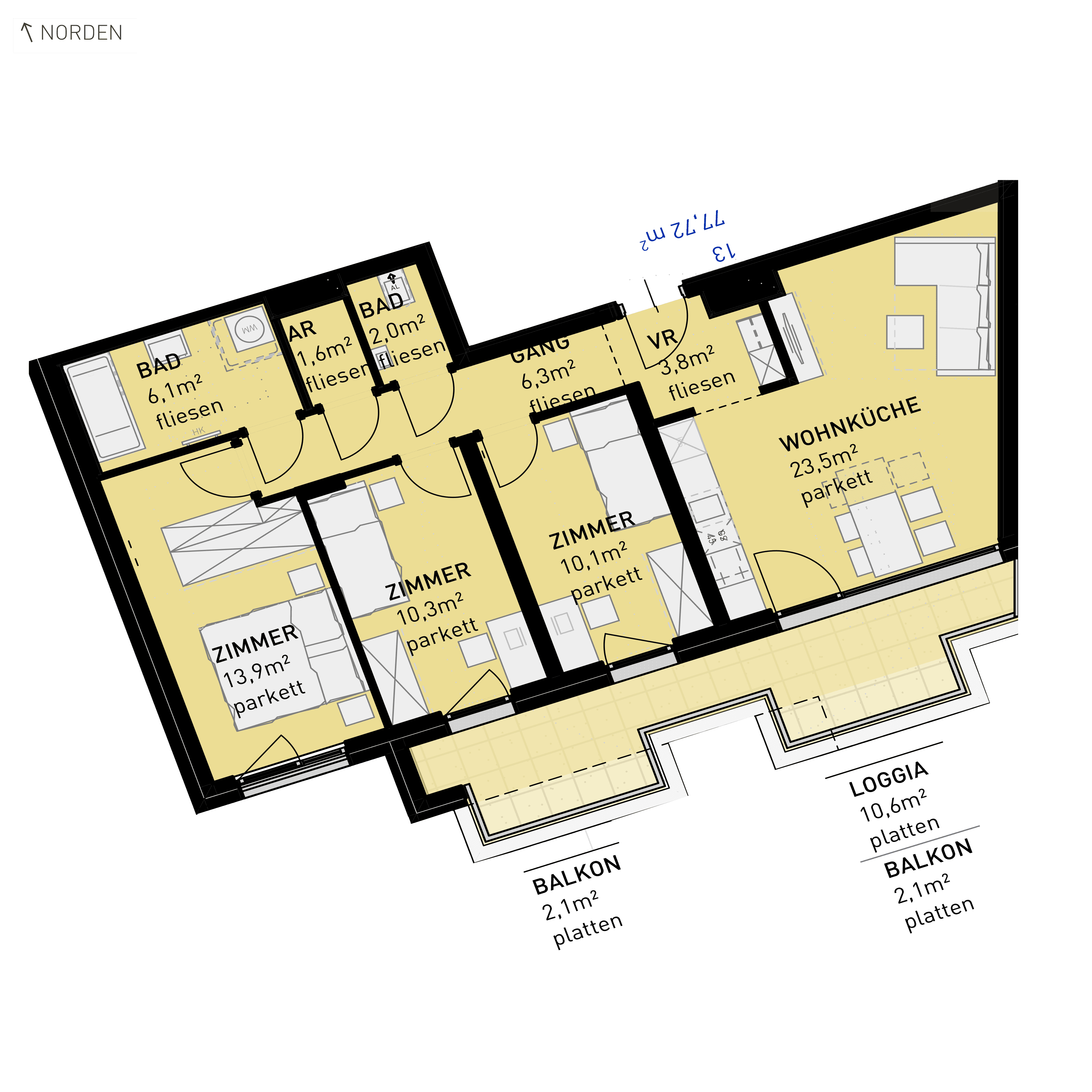 Grundriss Top 13 — Ten Living — 4 Zimmer — 77,6 m² — 1st floor — S