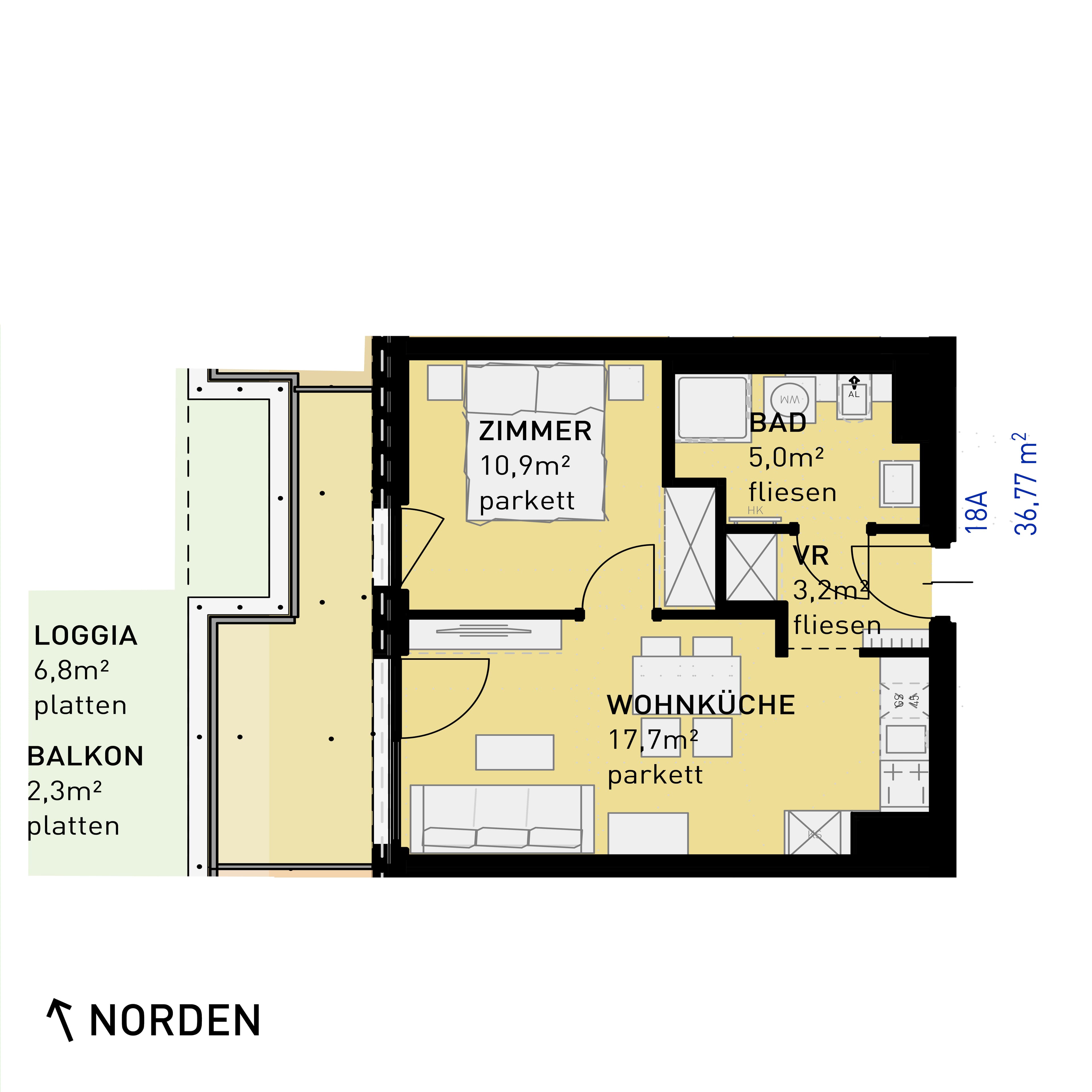 Grundriss Top 18 - A — Ten Living — 2 Zimmer — 36,8 m² — 1st floor — N, W