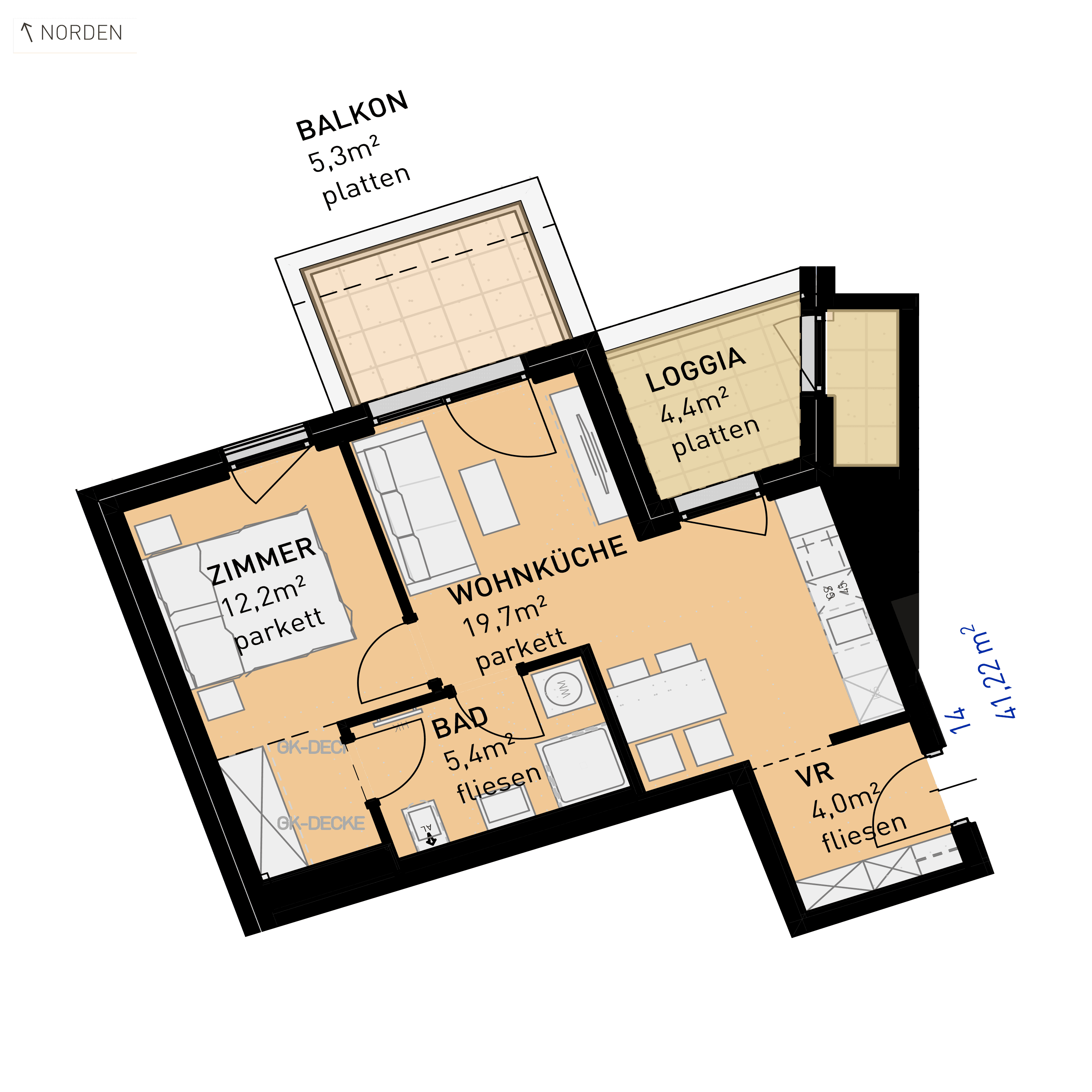 Grundriss Top 14 — Ten Living — 2 Zimmer — 41,3 m² — 1st floor — N