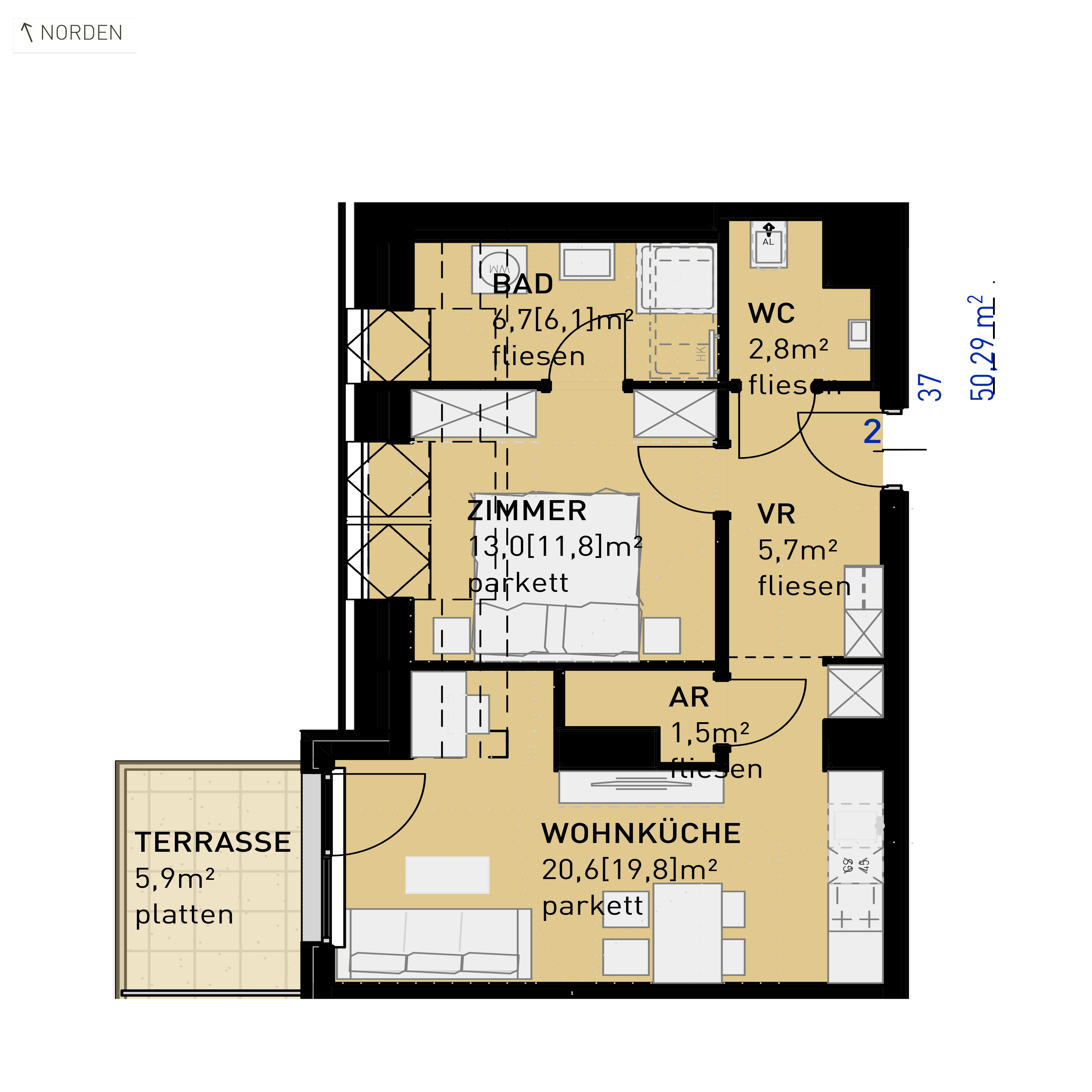 Grundriss Top 37 — Ten Living — 2 Zimmer — 50,3 m² — 2nd attic floor — N, W