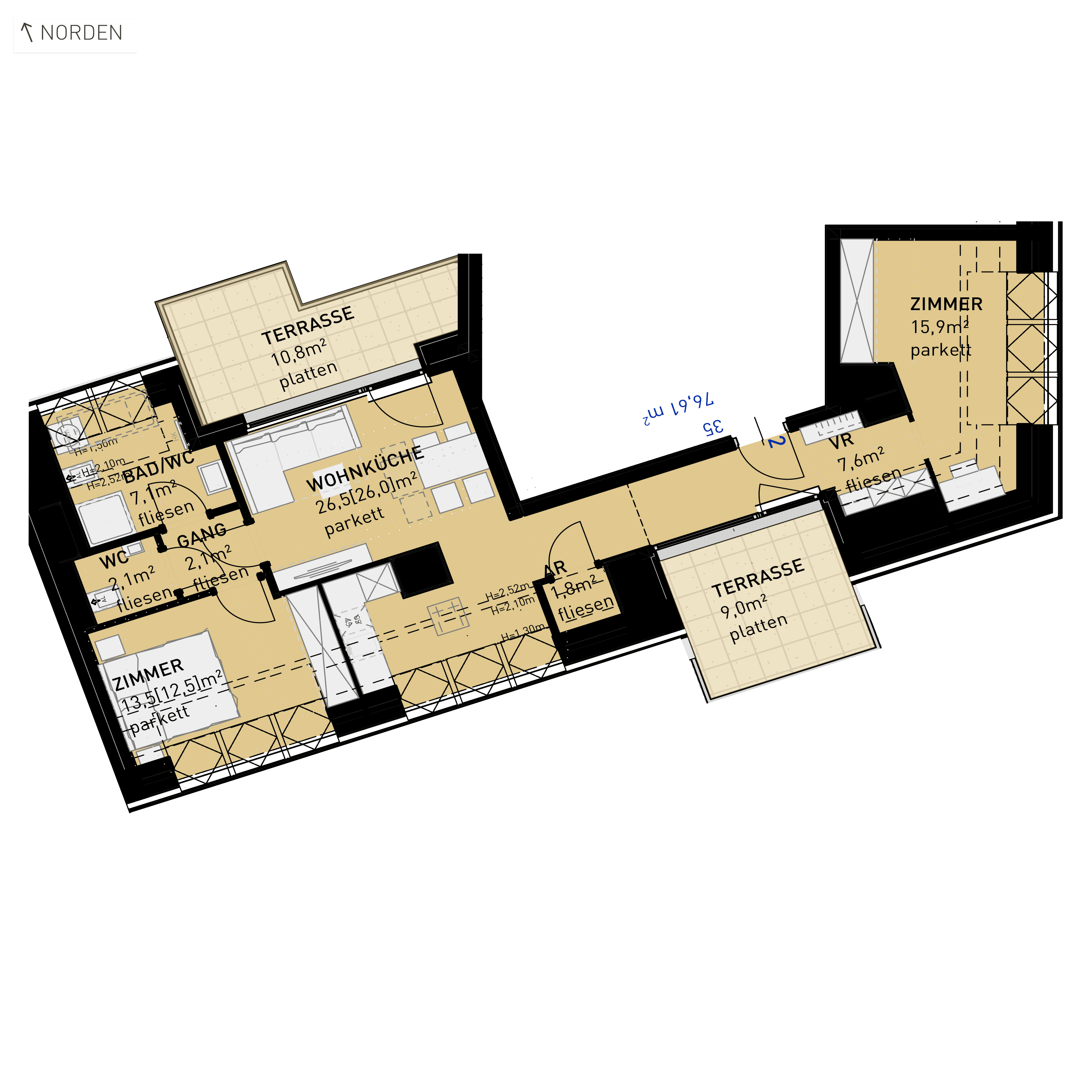 Grundriss Top 35 — Ten Living — 3 Zimmer — 76,6 m² — 2nd attic floor — N