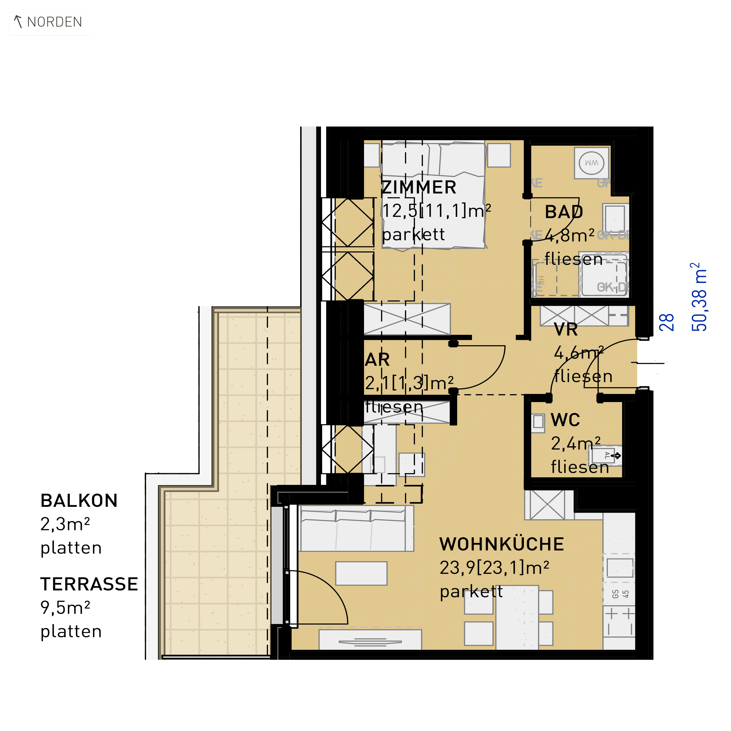 Grundriss Top 28 — Ten Living — 2 Zimmer — 50,3 m² — 1st attic floor — N, W