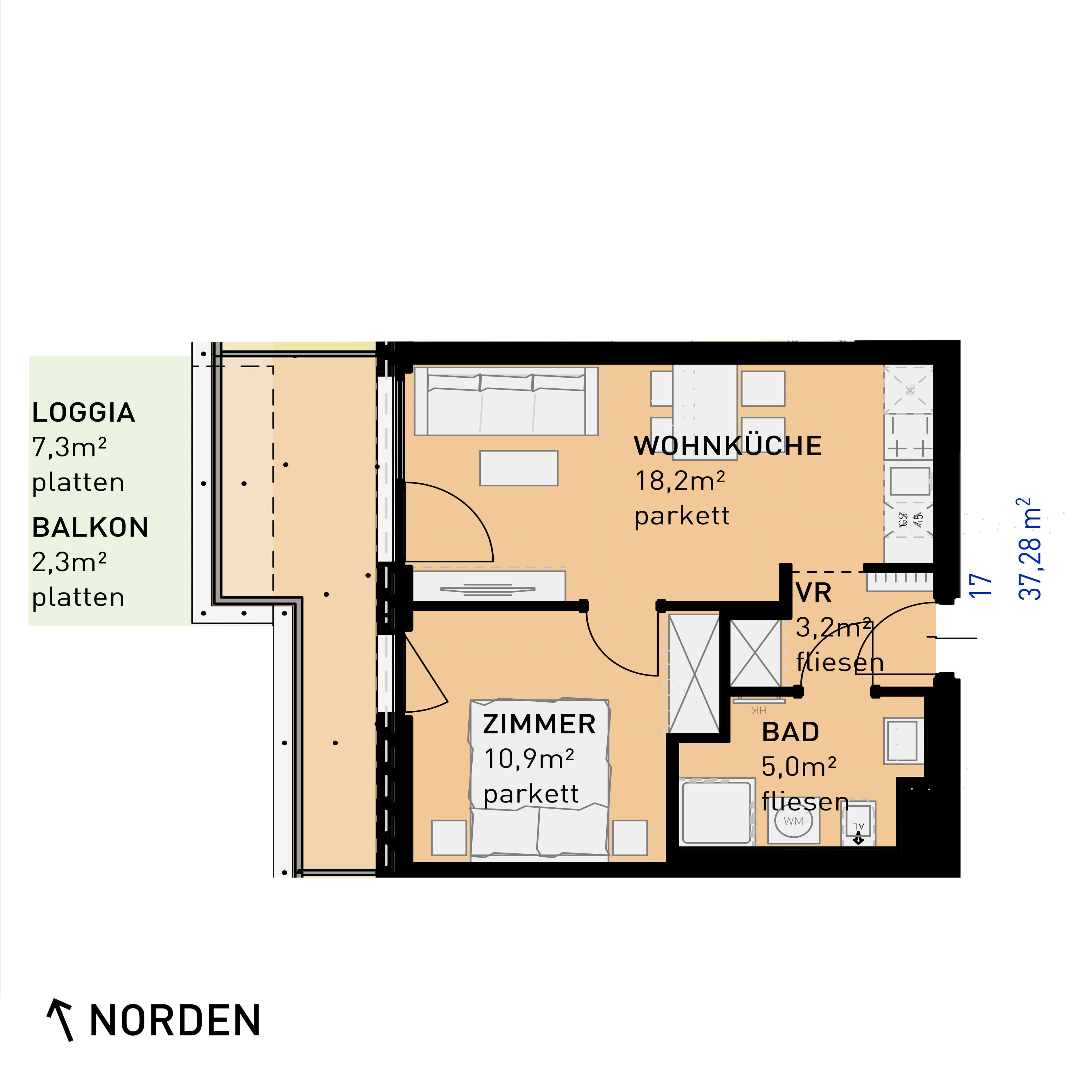 Grundriss Top 17 — Ten Living — 2 Zimmer — 37,3 m² — 1st floor — N, W