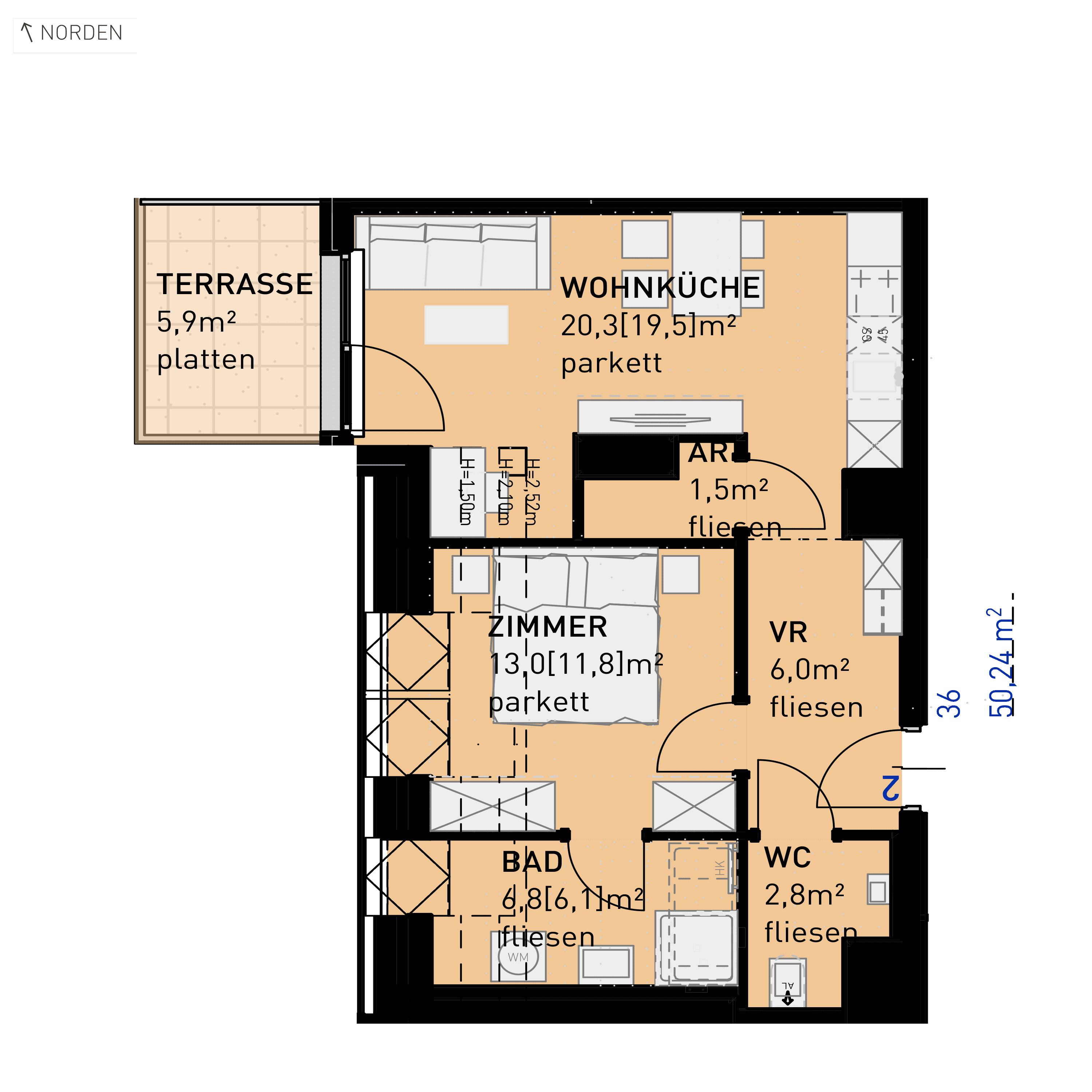 Grundriss Top 36 — Ten Living — 2 Zimmer — 50,3 m² — 2nd attic floor — N, W