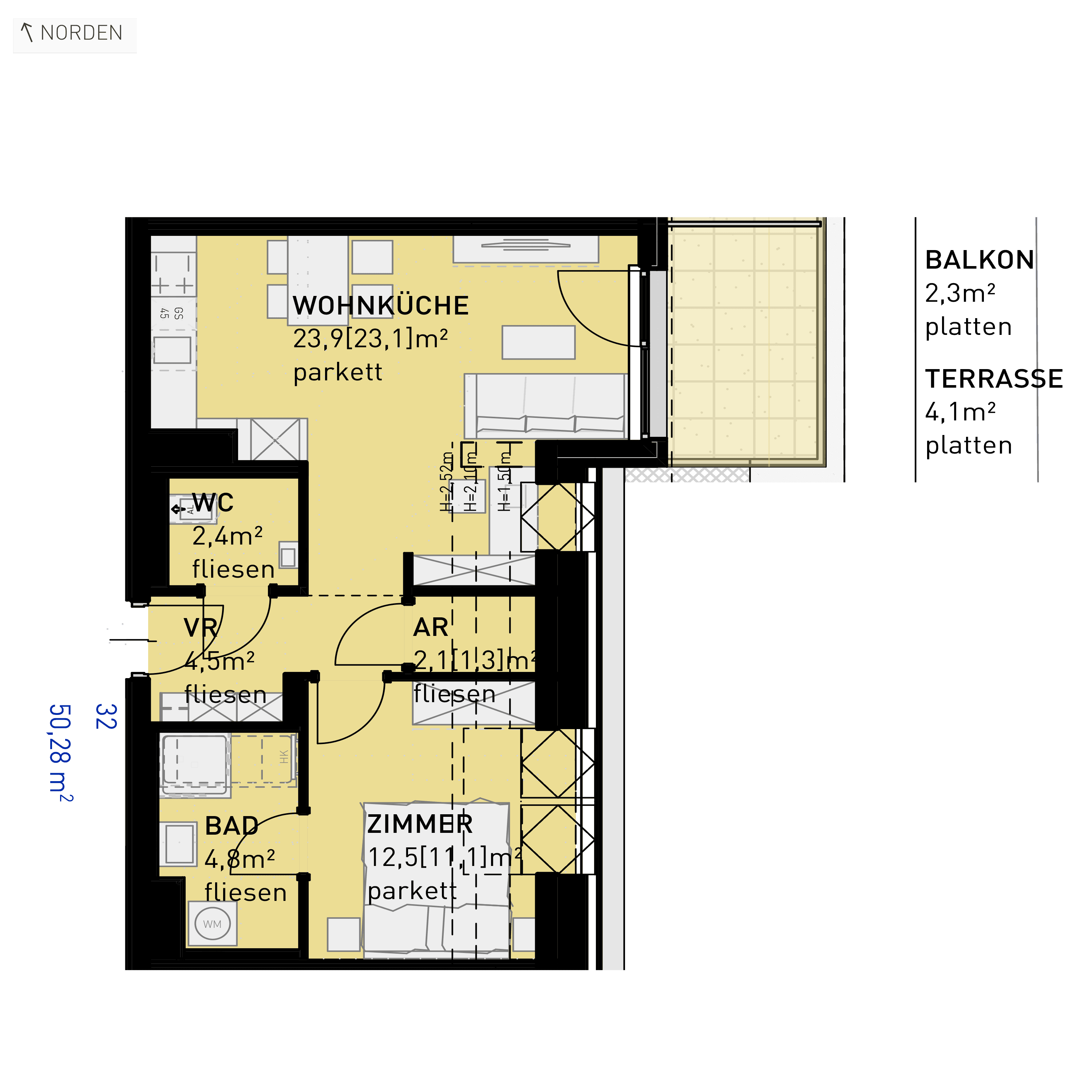 Grundriss Top 32 — Ten Living — 2 Zimmer — 50,2 m² — 1st attic floor — O, S