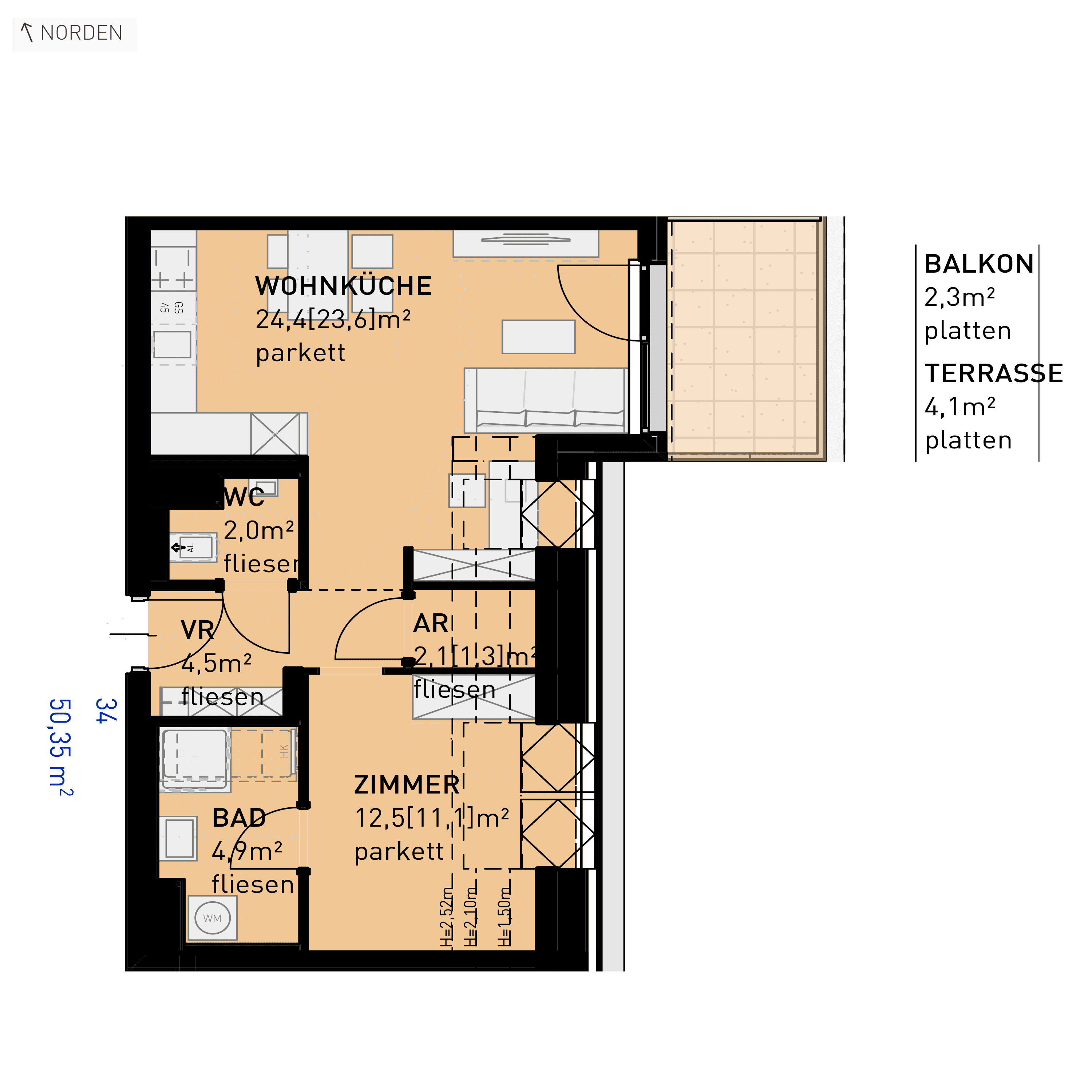 Grundriss Top 34 — Ten Living — 2 Zimmer — 50,4 m² — 1st attic floor — O, S