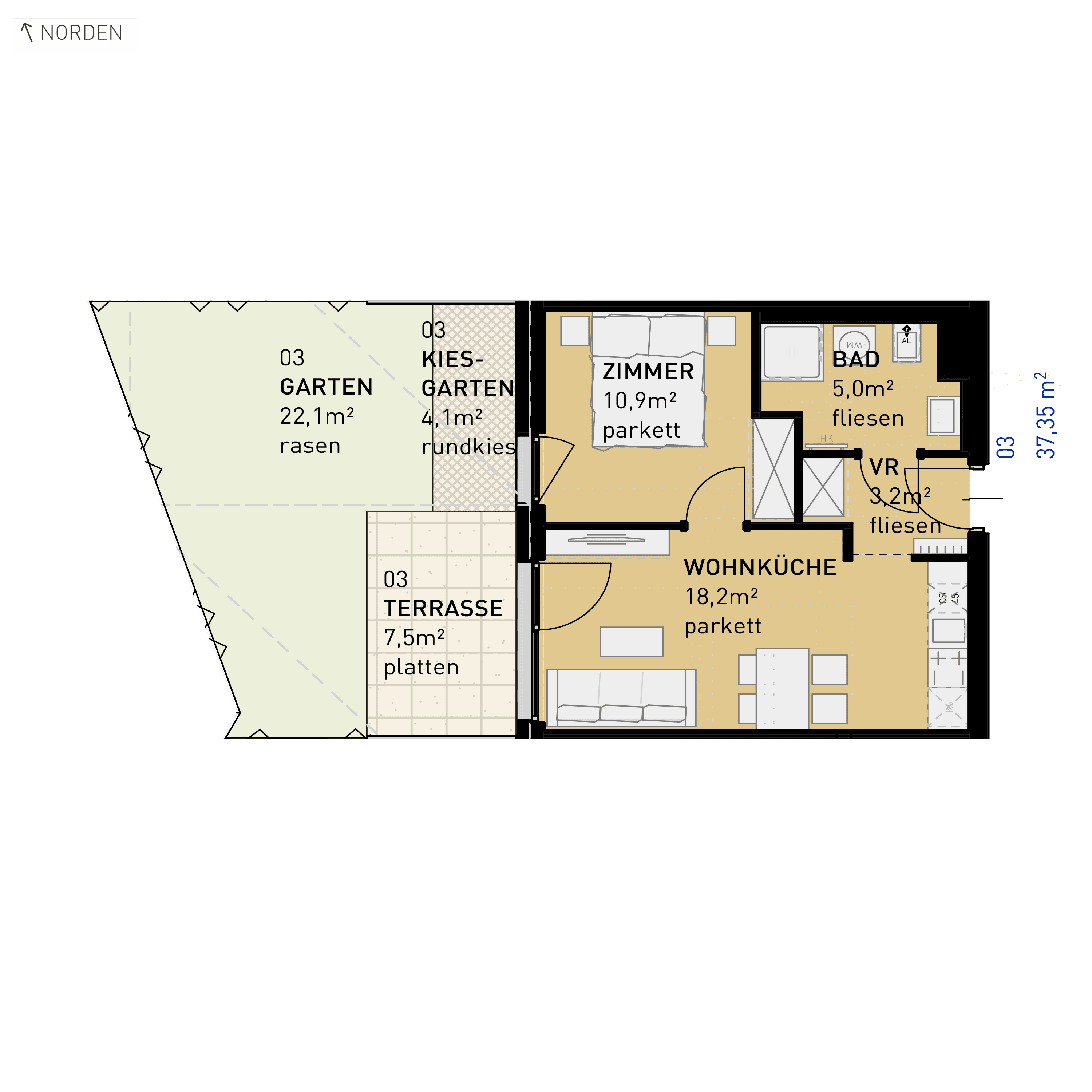 Grundriss Top 03 — Ten Living — 2 Zimmer — 37,3 m² — Ground floor — N, W