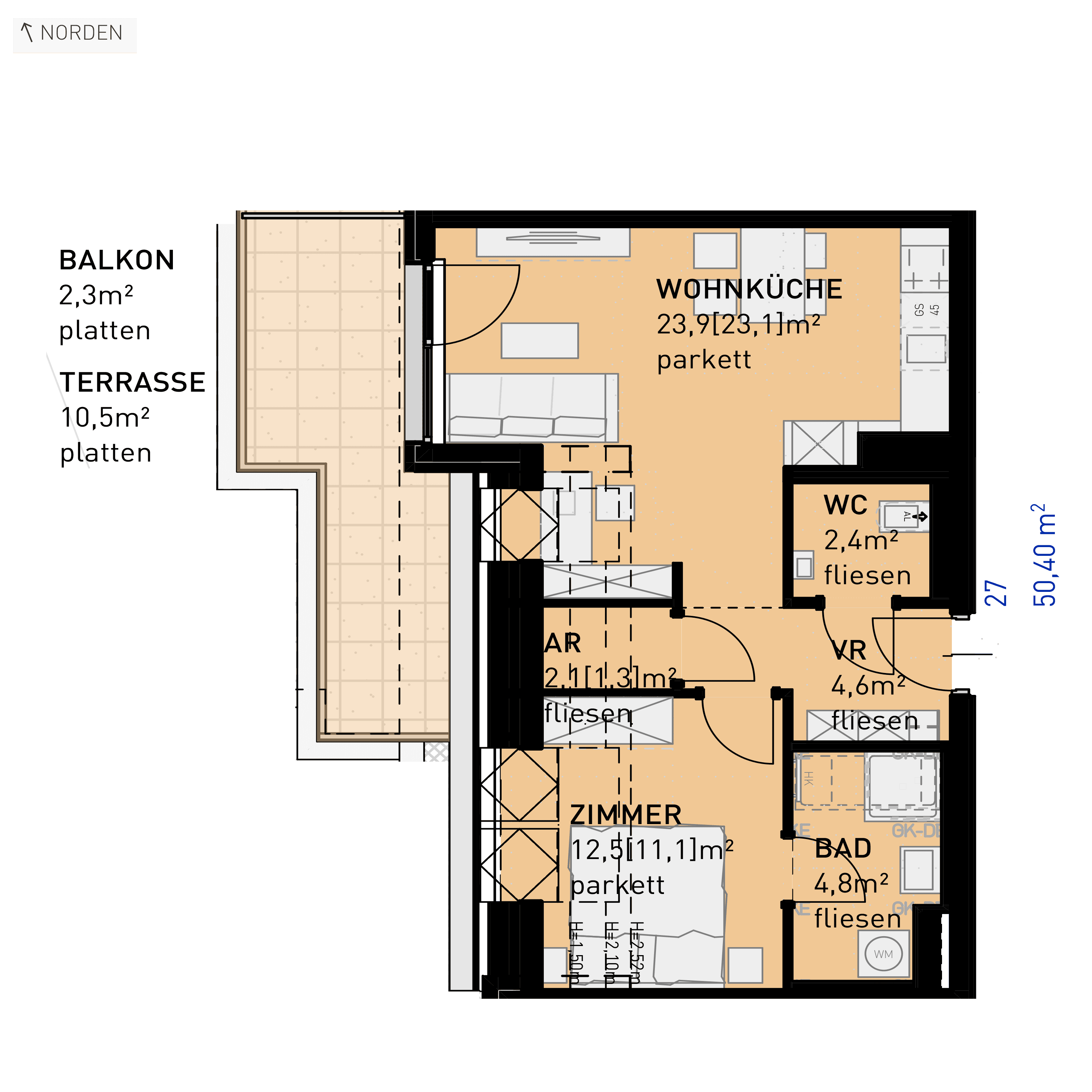 Grundriss Top 27 — Ten Living — 2 Zimmer — 50,3 m² — 1st attic floor — N, W