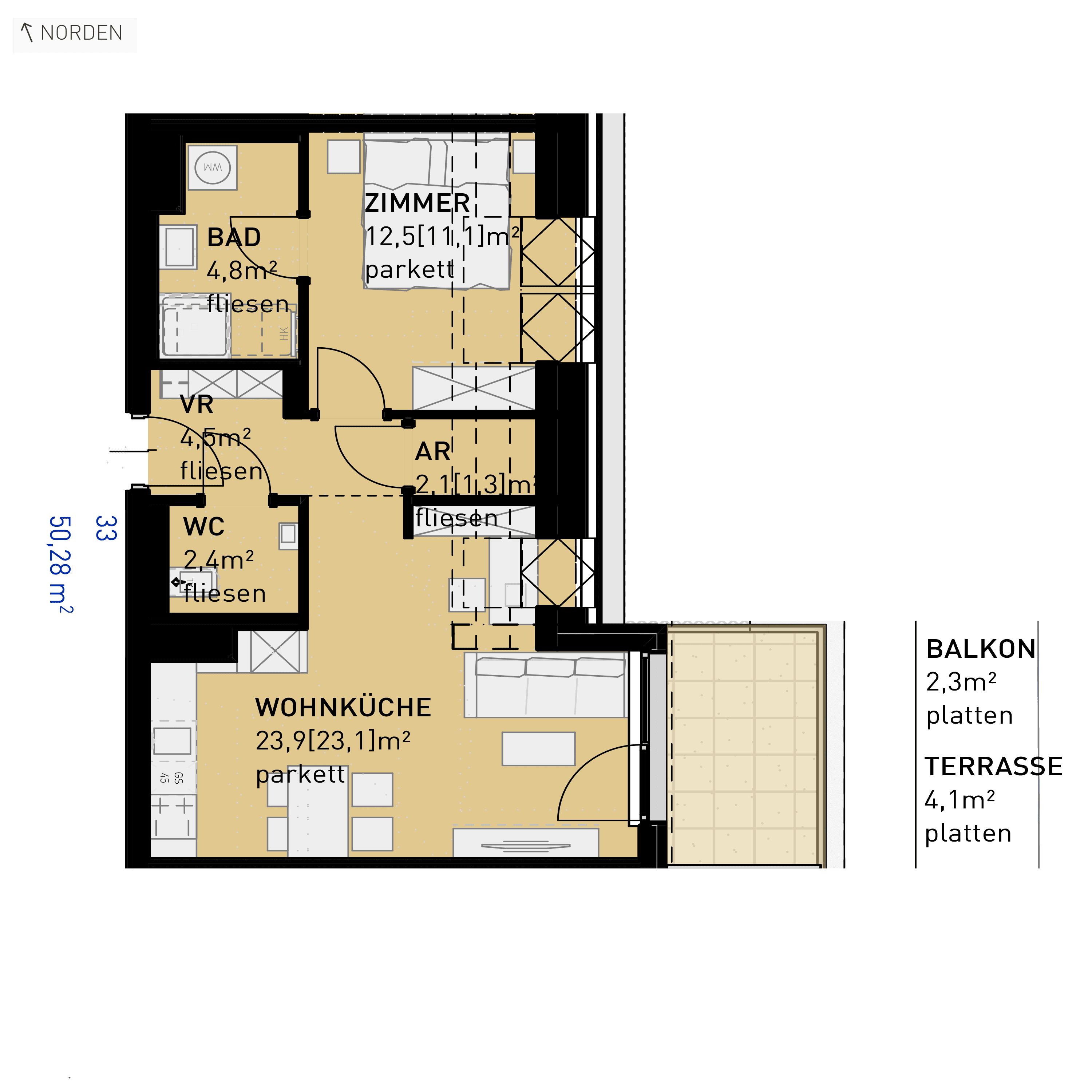 Grundriss Top 33 — Ten Living — 2 Zimmer — 50,2 m² — 1st attic floor — O, S