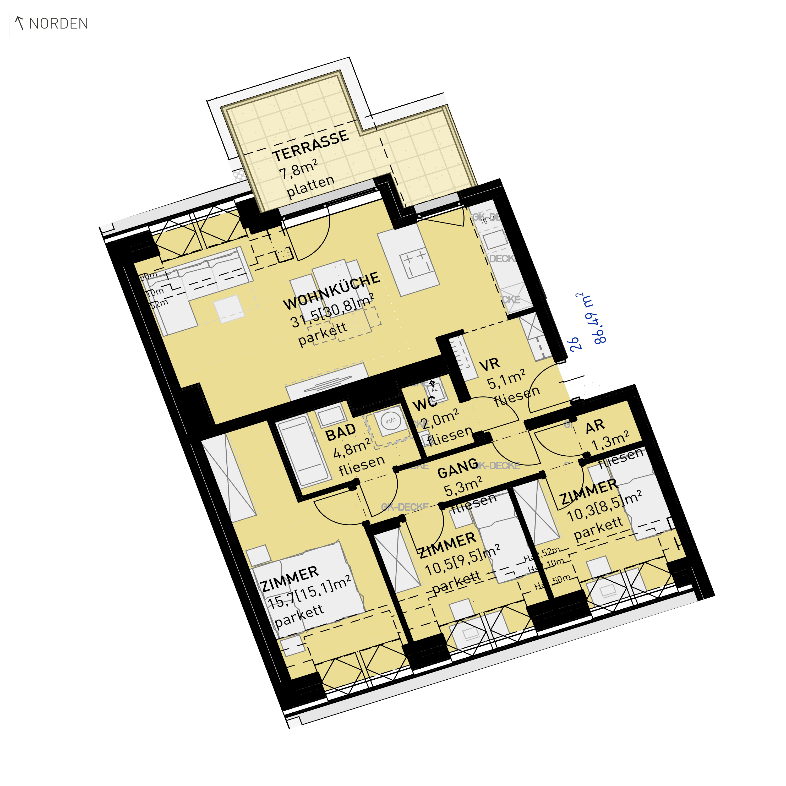 Grundriss Top 26 — Ten Living — 4 Zimmer — 86,5 m² — 1st attic floor — N