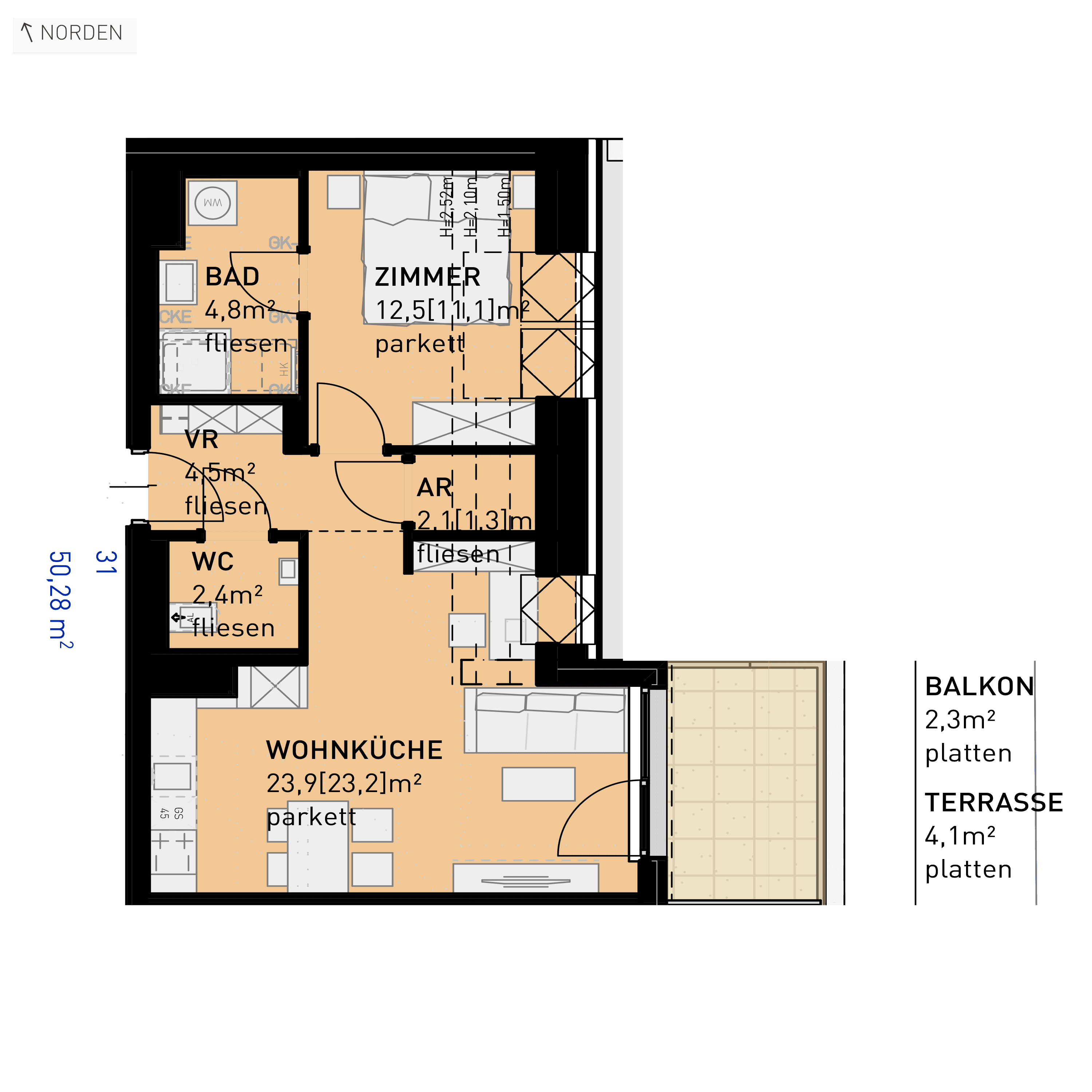 Grundriss Top 31 — Ten Living — 2 Zimmer — 50,2 m² — 1st attic floor — O, S