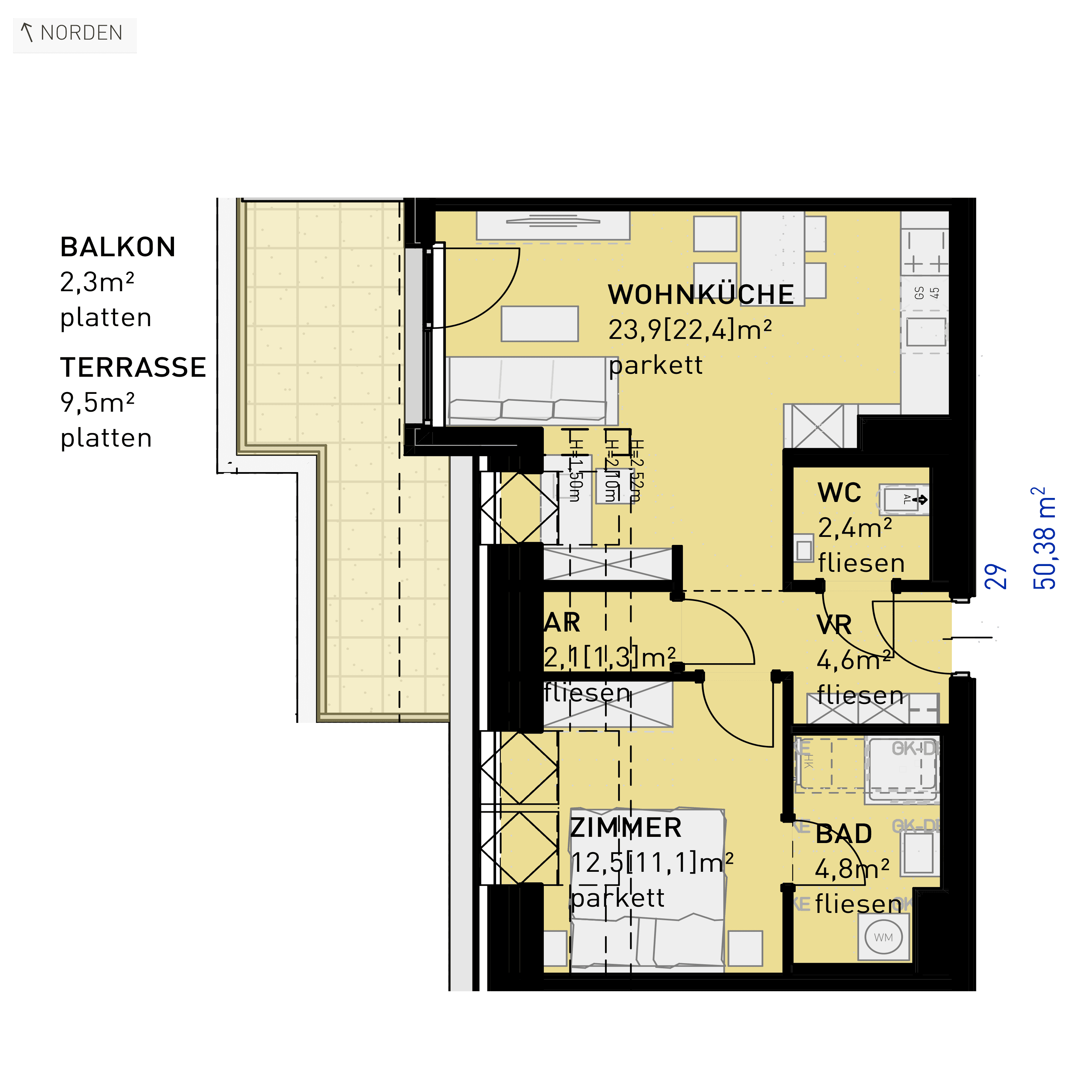 Grundriss Top 29 — Ten Living — 2 Zimmer — 50,3 m² — 1st attic floor — N, W