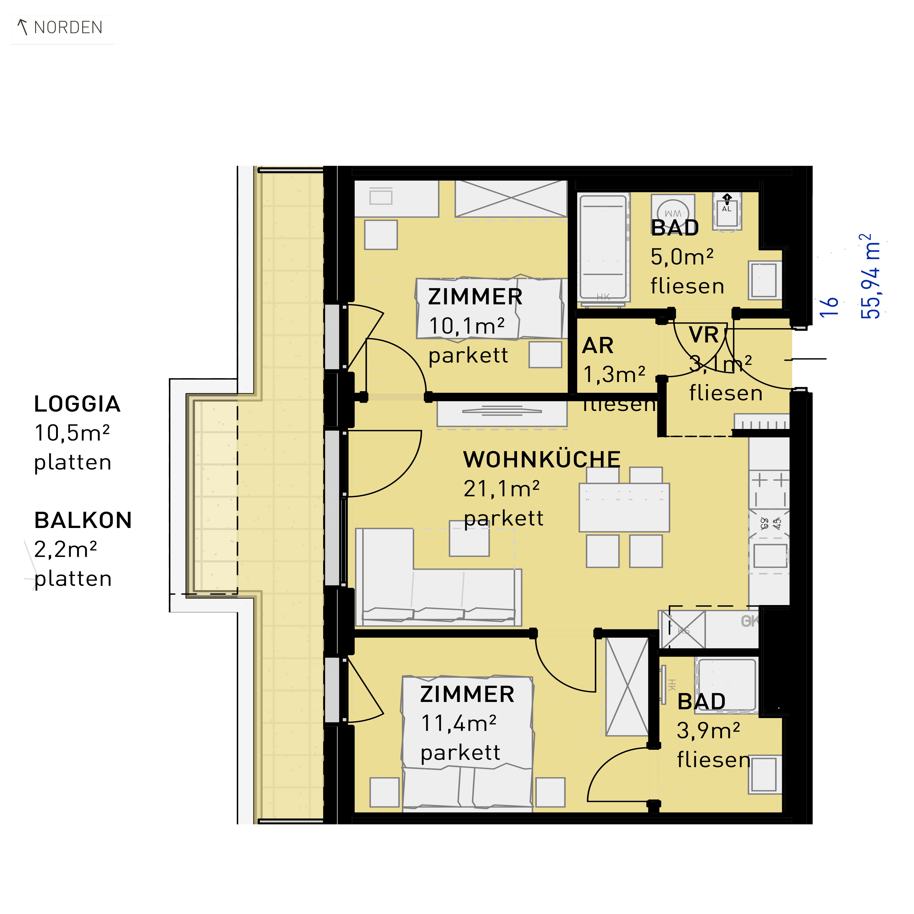 Grundriss Top 16 — Ten Living — 3 Zimmer — 55,9 m² — 1st floor — N, W