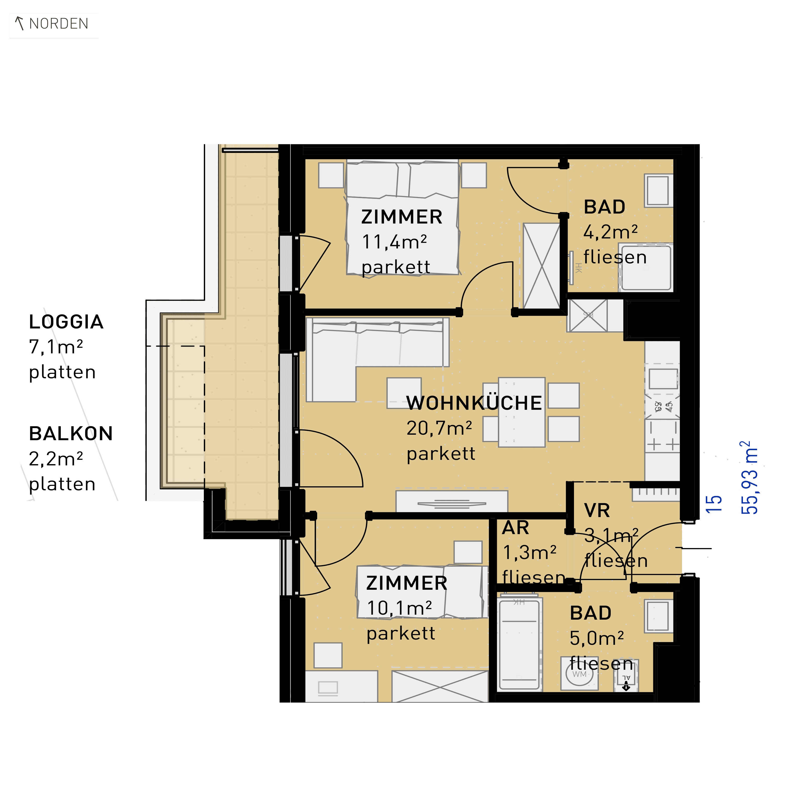 Grundriss Top 15 — Ten Living — 3 Zimmer — 55,8 m² — 1st floor — N, W