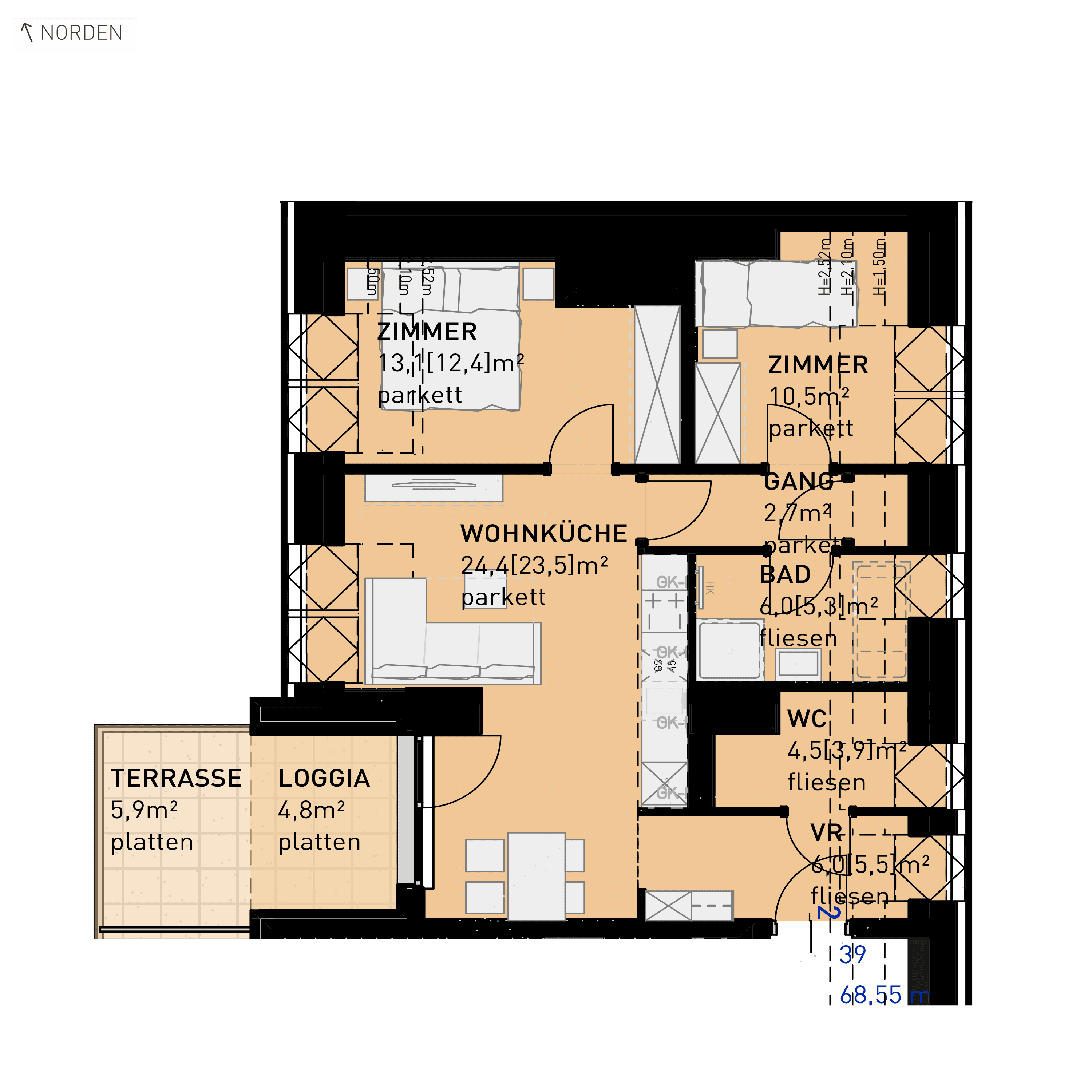 Grundriss Top 39 — Ten Living — 3 Zimmer — 68,5 m² — 2nd attic floor — N, W