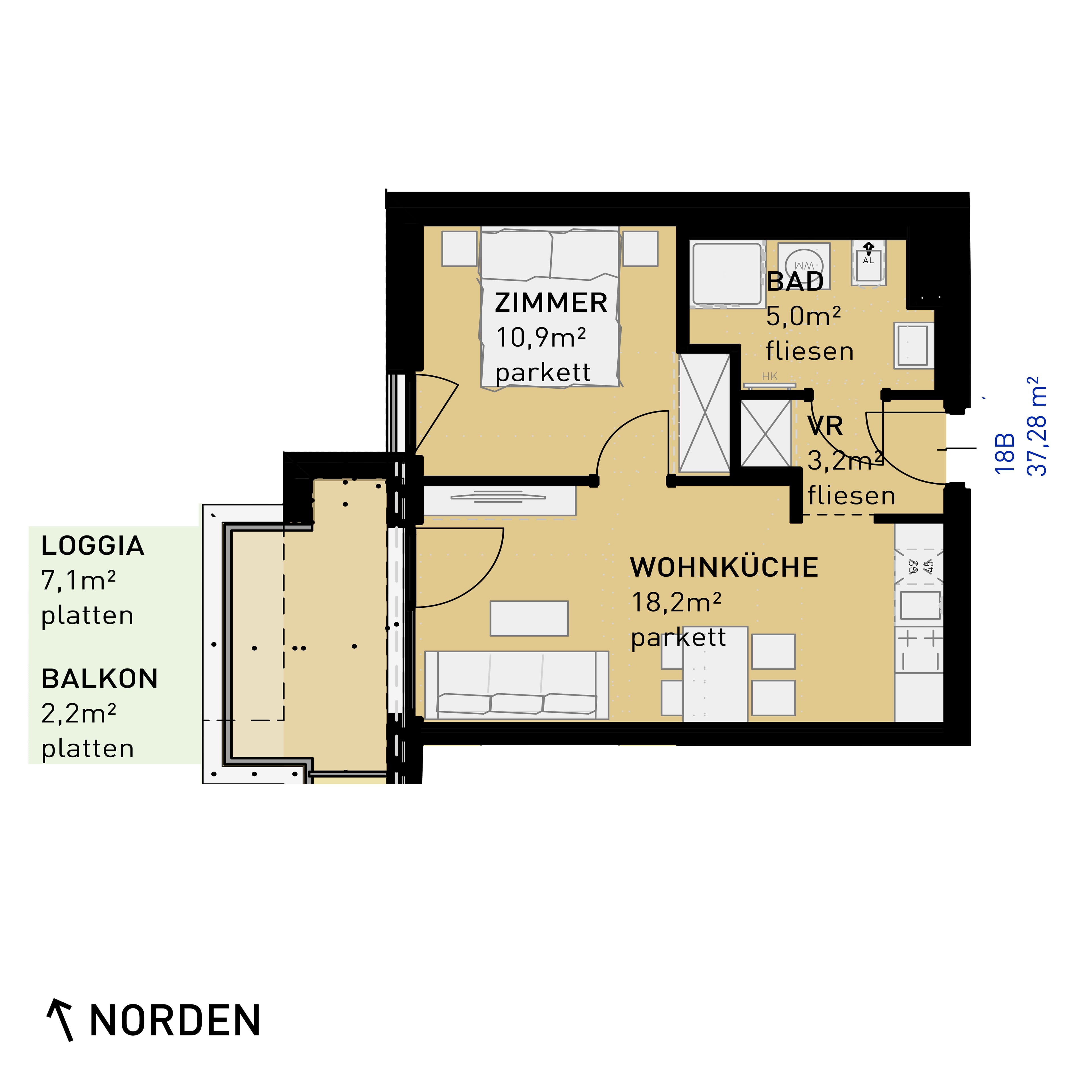 Grundriss Top 18 - B — Ten Living — 2 Zimmer — 37,3 m² — 1st floor — N, W