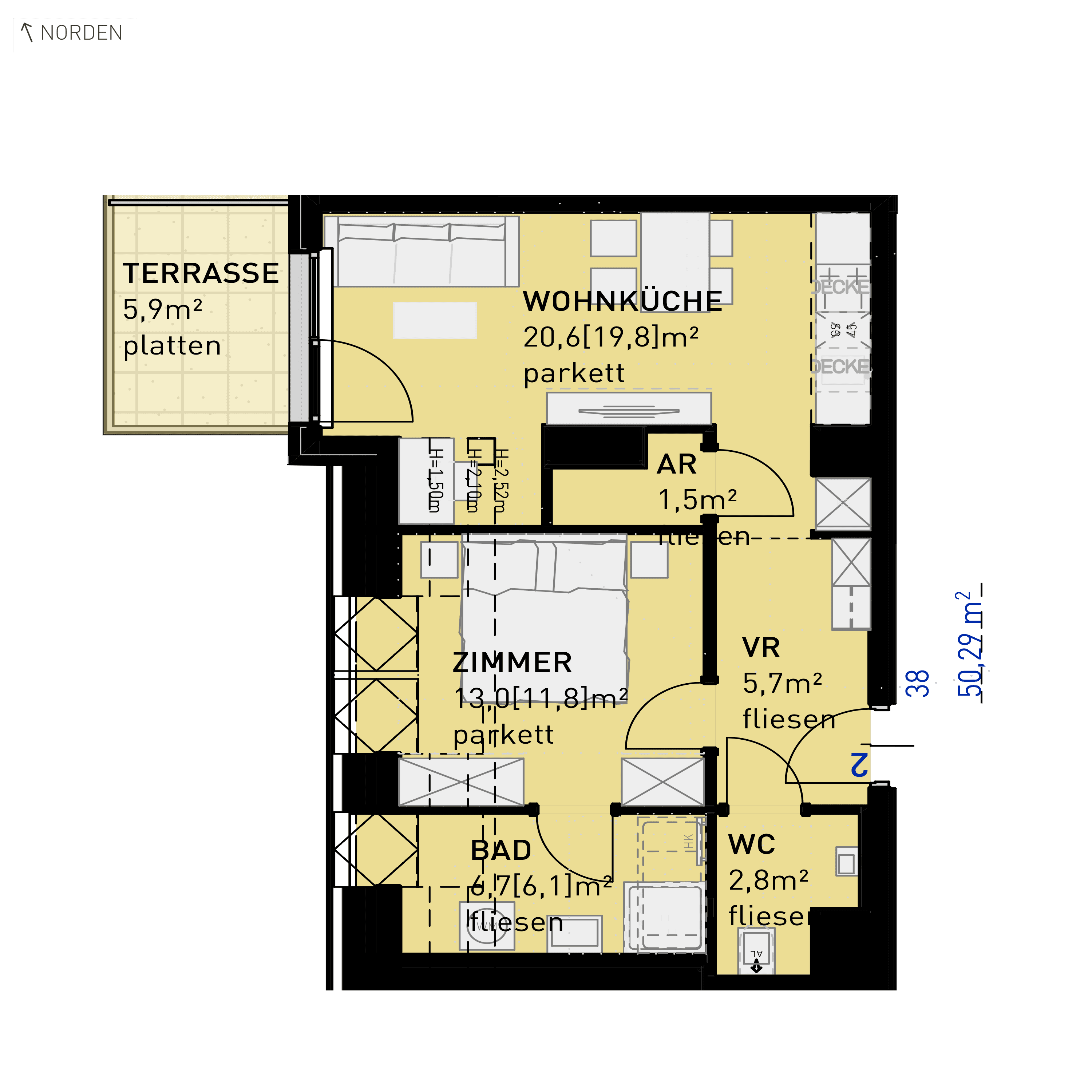Grundriss Top 38 — Ten Living — 2 Zimmer — 50,3 m² — 2nd attic floor — N, W