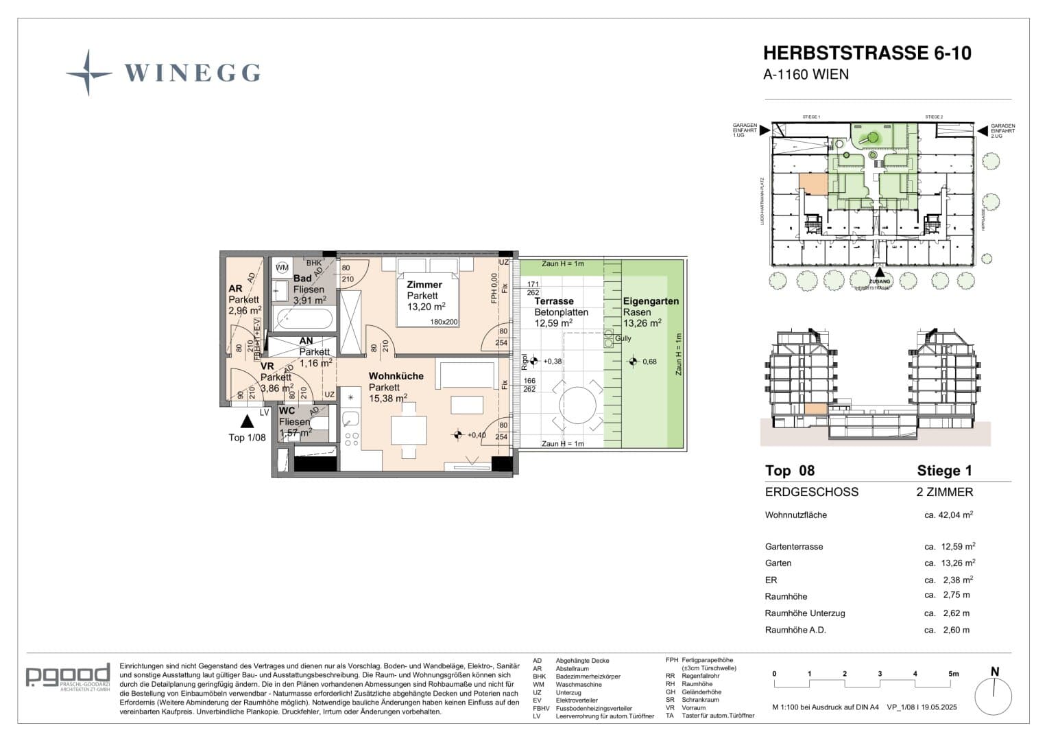 Grundriss Top 1/08 — The Arik — 2 Zimmer — 42 m² — Ground floor — Terrasse