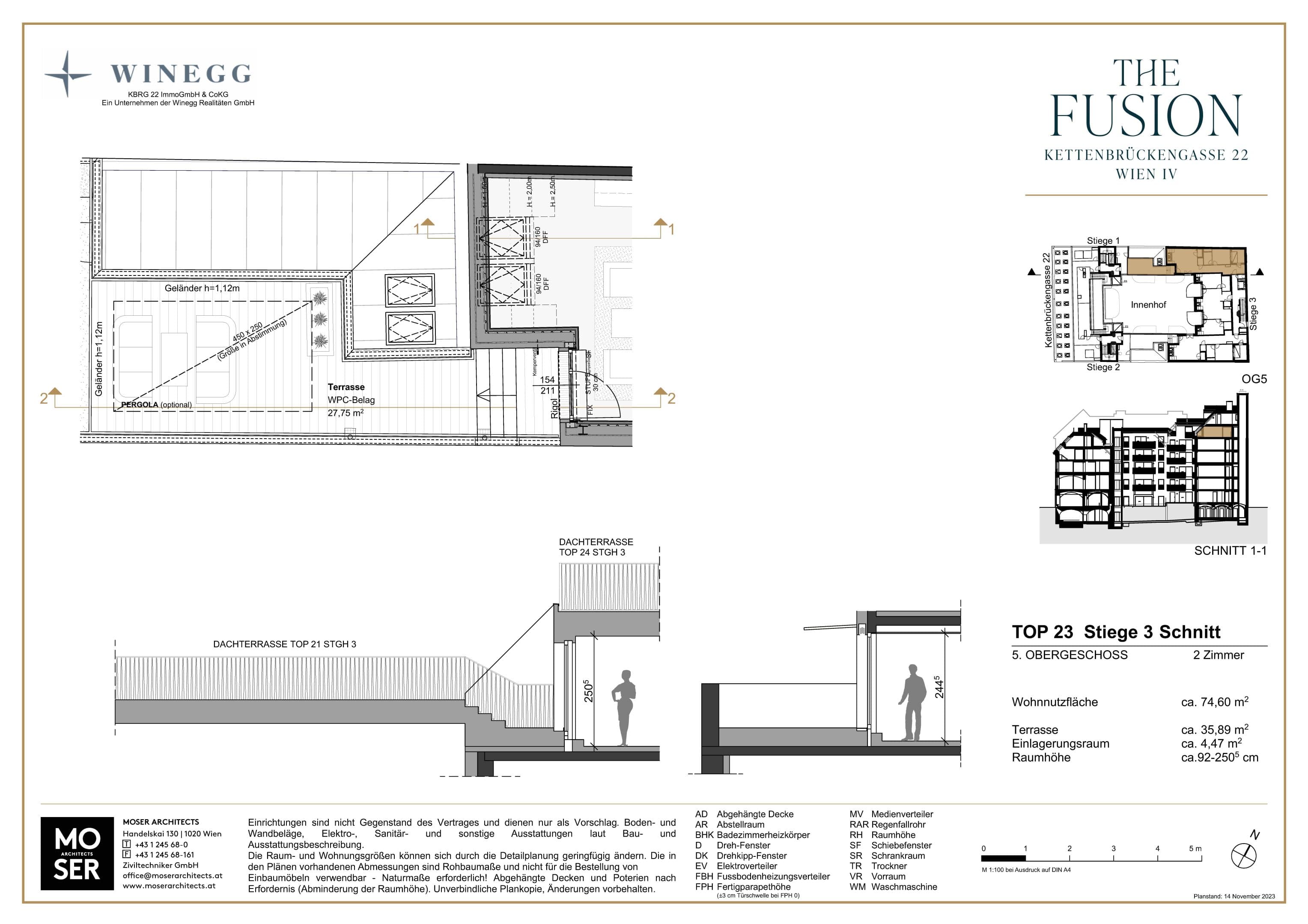 Grundriss Top 3/23 — THE FUSION by WINEGG — 2 Zimmer — 74,6 m² — 1st attic floor — Grundriss 1/2
