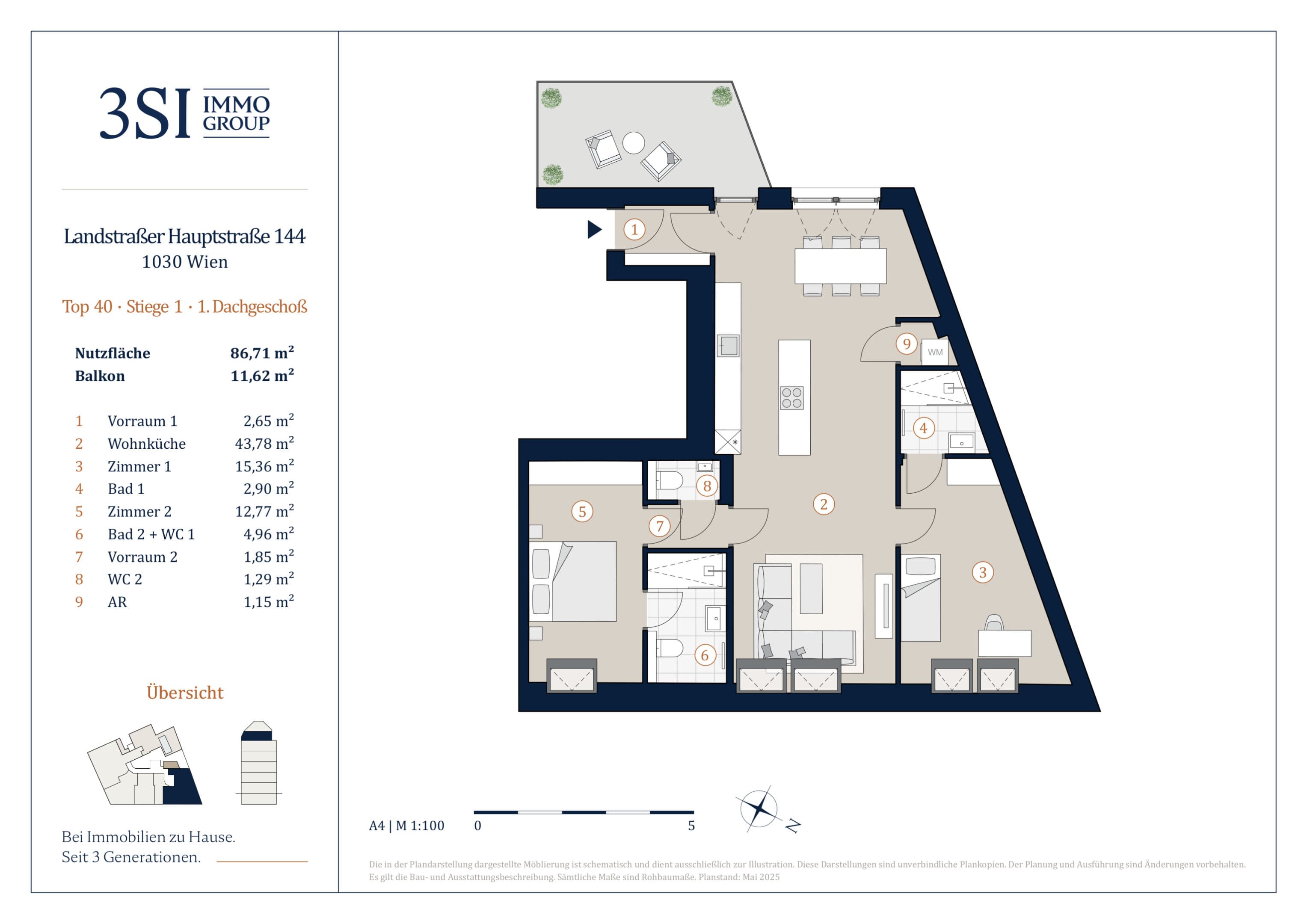 Grundriss Top 1/40 — The Legacy — 3 Zimmer — 86,7 m² — 1st attic floor — Ost