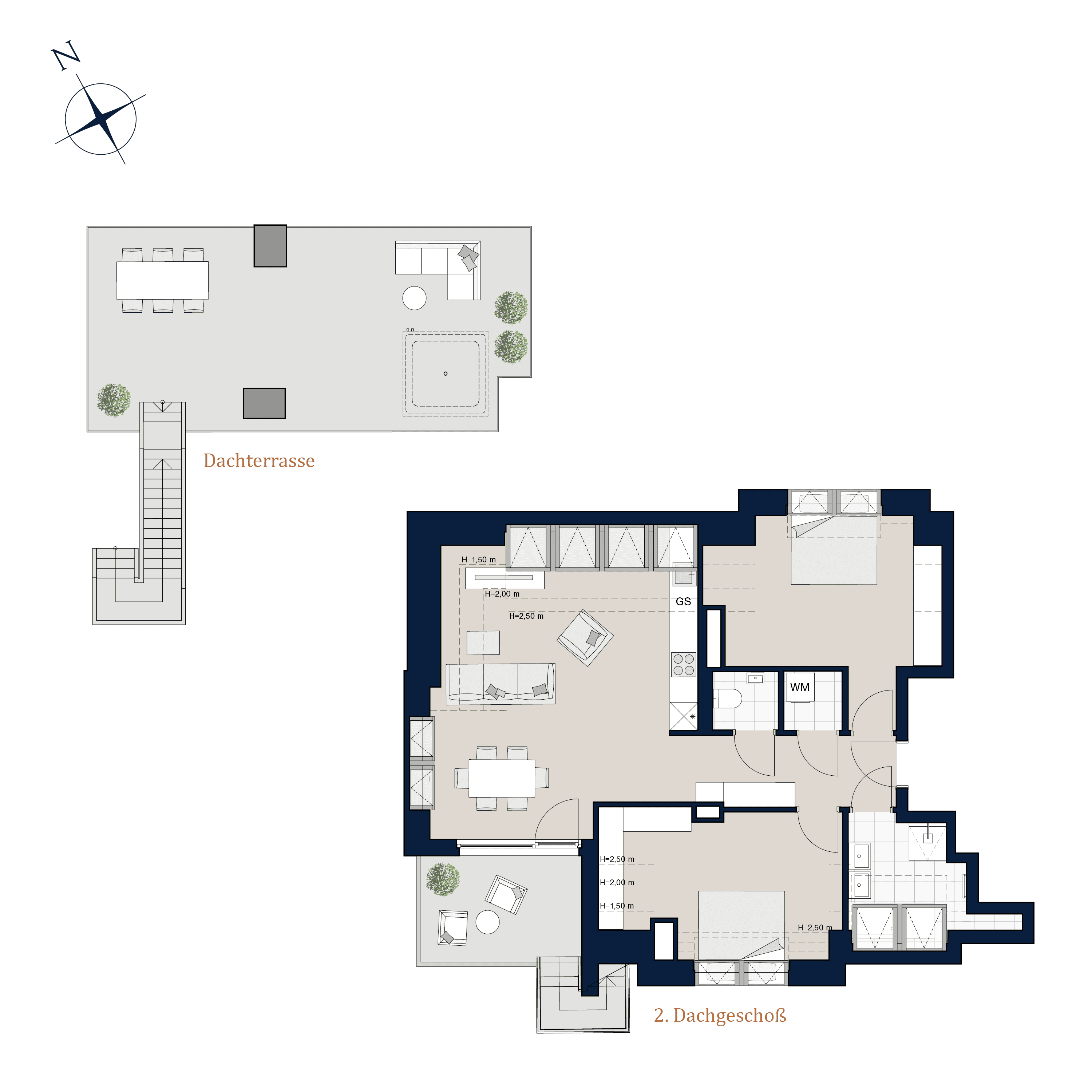 Grundriss Top 2/18 — The Liberty — 3 Zimmer — 97,7 m² — 2nd attic floor — N, S, W