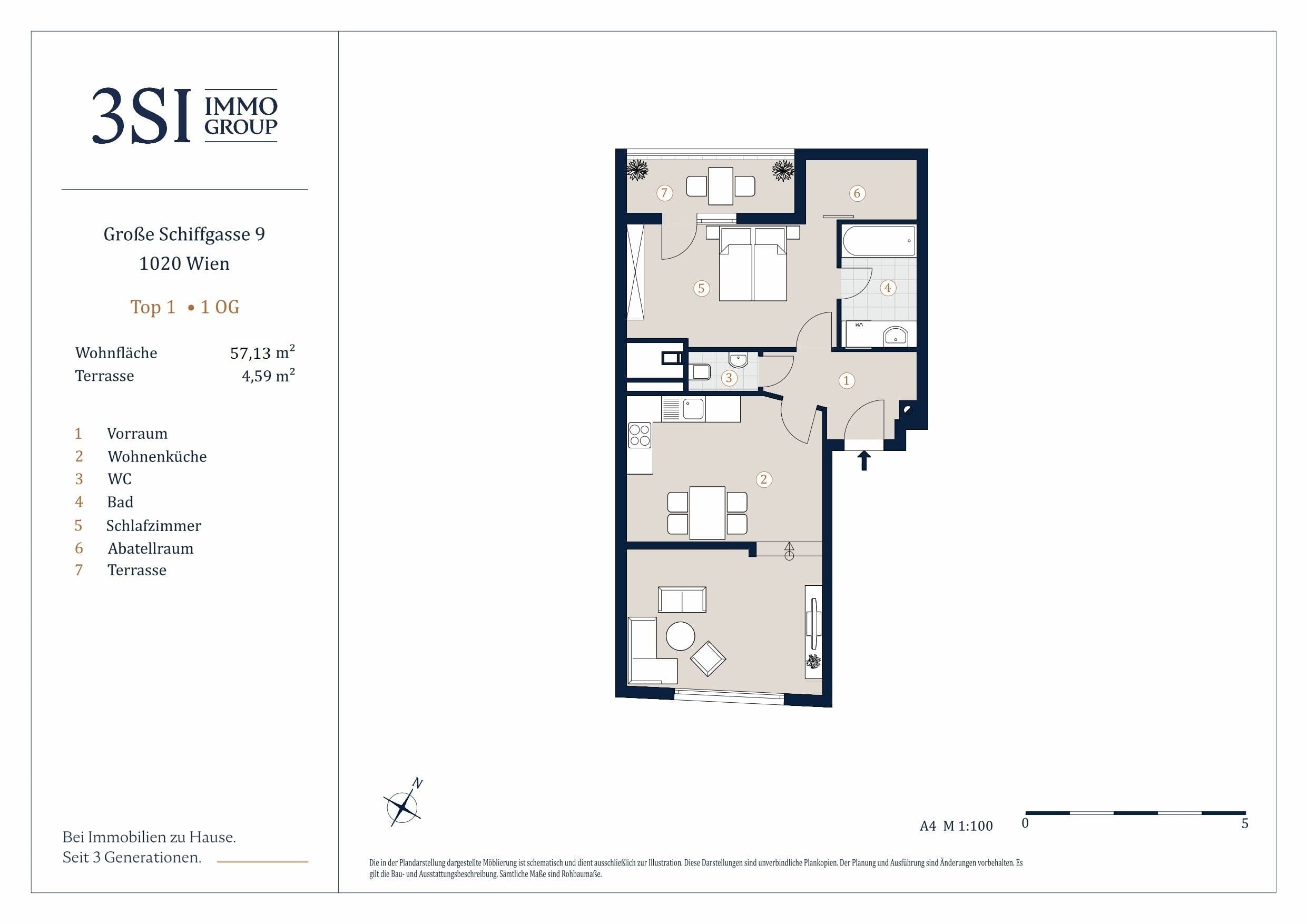 Grundriss Top 1 — The Pearl - Am Karmelitermarkt — 2 Zimmer — 57,1 m² — 1st floor