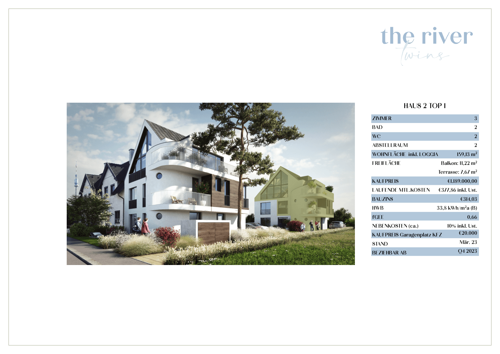 Grundriss Haus 2 Wohnung 1 — The River Twins — 3 Zimmer — 159,1 m² — Ground floor / Upper floor / Attic floor