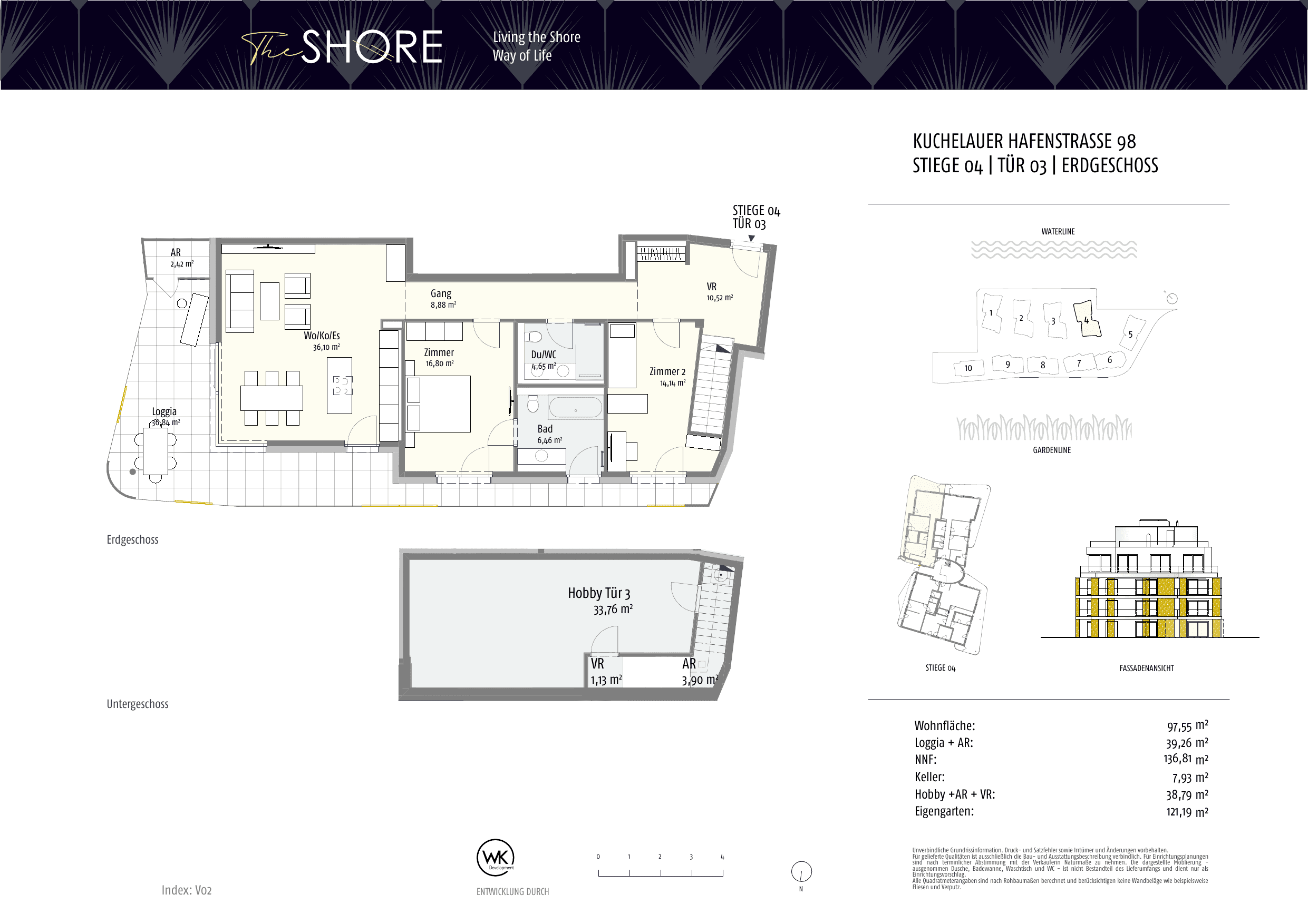 Grundriss Top 04-3 — The Shore — 3 Zimmer — 98,2 m² — Ground floor — Outdoor 38.94 m², Garden 121.19 m², Hobby 38.79 m²