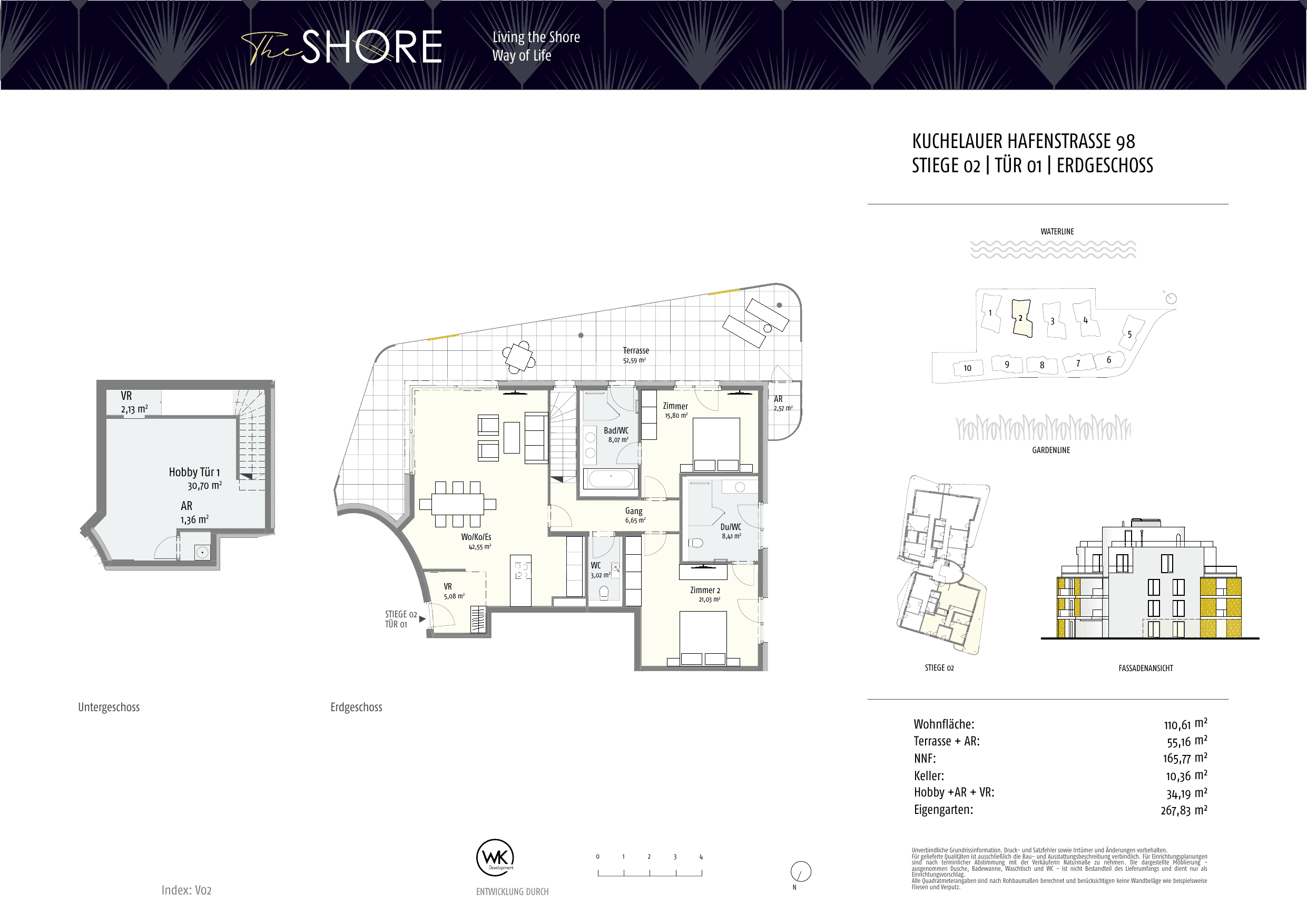 Grundriss Top 02-1 — The Shore — 3 Zimmer — 110,4 m² — Ground floor — Outdoor 55.18 m², Garden 267.84 m², Hobby 34.19 m²