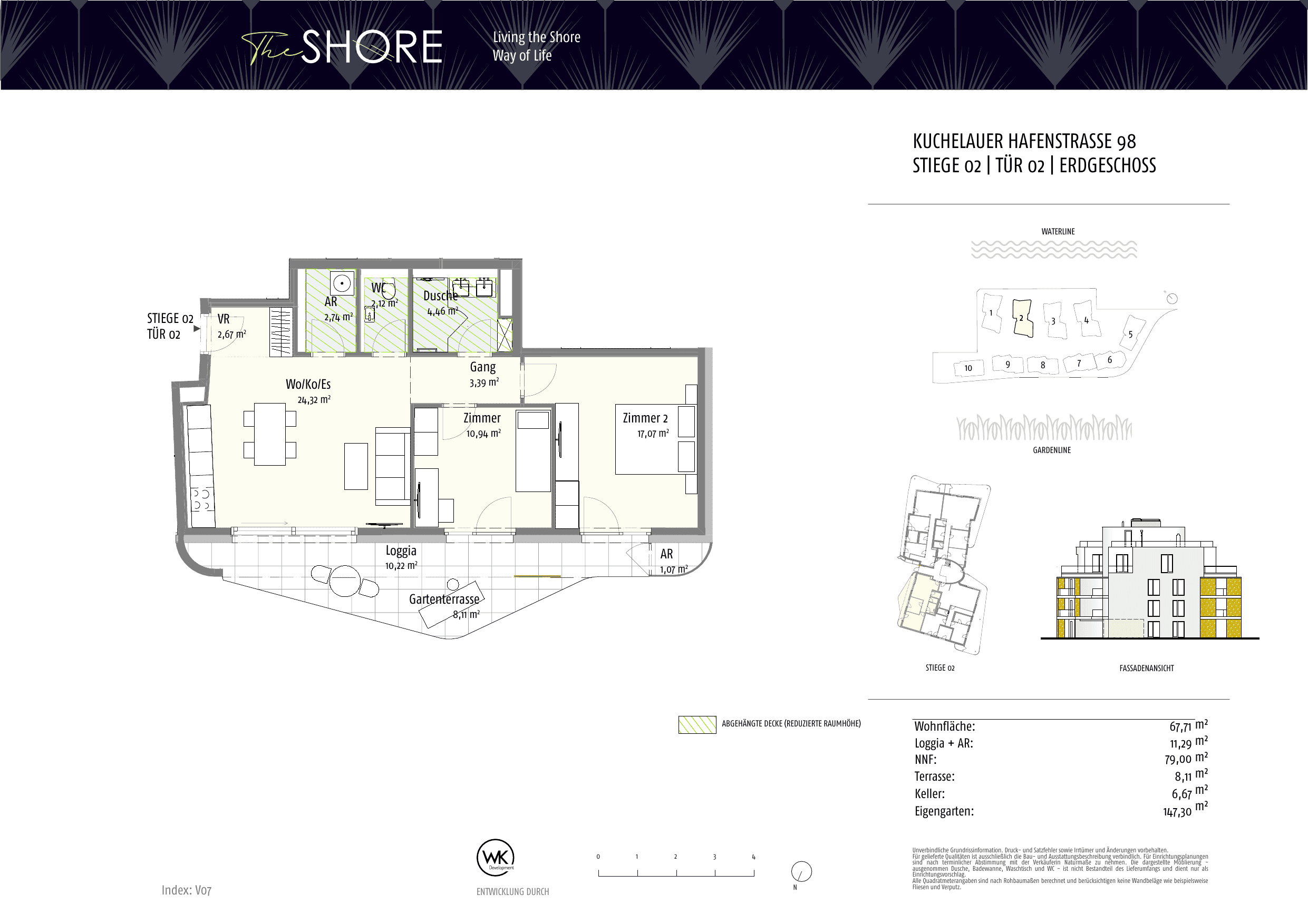 Grundriss Top 02-2 — The Shore — 3 Zimmer — 67,7 m² — Ground floor — Outdoor 11.34 m², Garden 147.30 m²