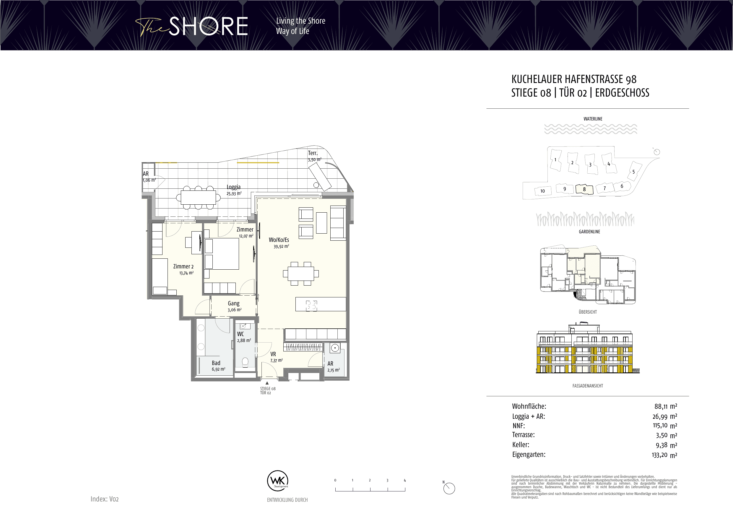 Grundriss Top 08-2 — The Shore — 3 Zimmer — 88,1 m² — Ground floor — Outdoor 30.42 m², Garden 133.18 m²