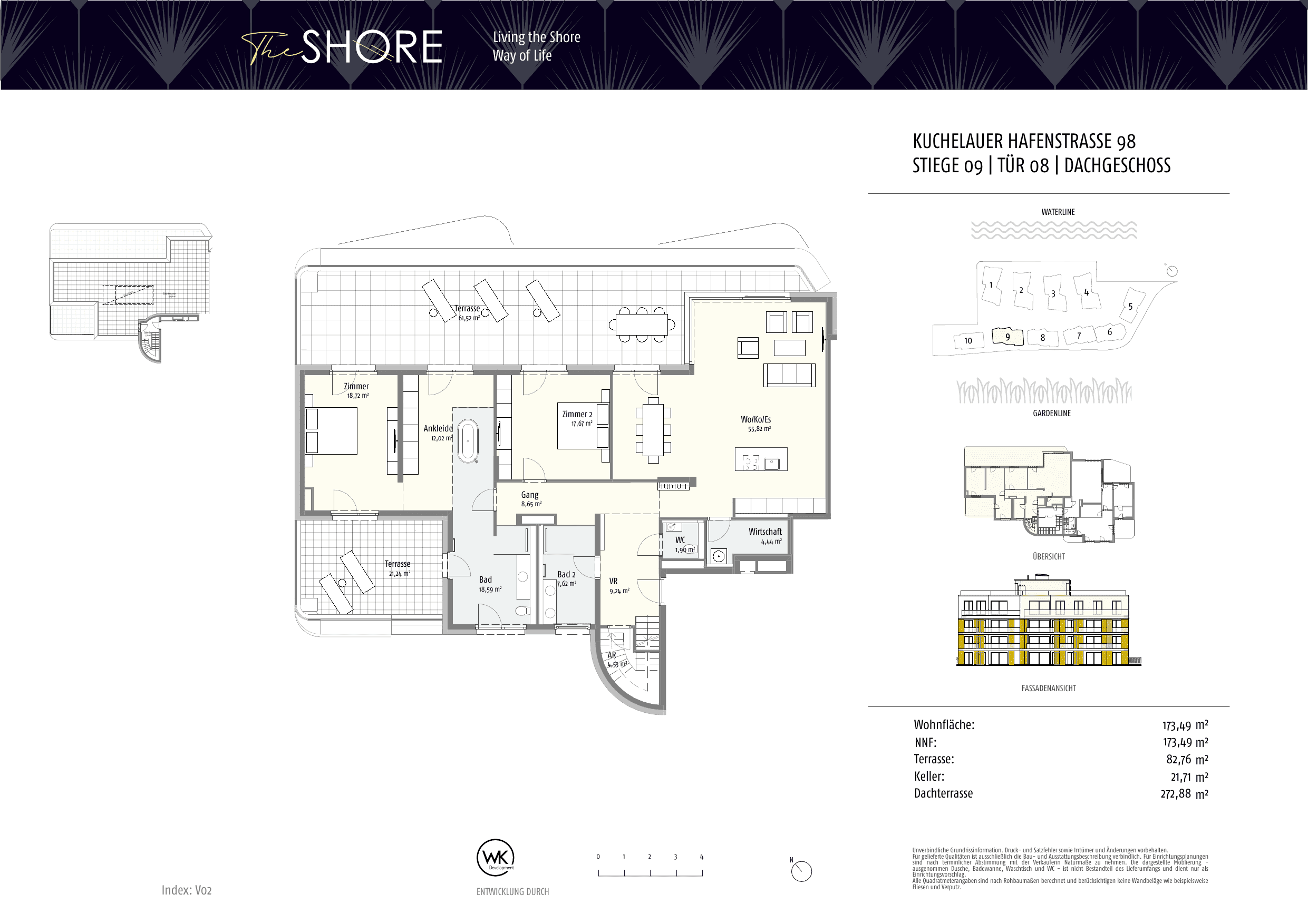 Grundriss Top 09-8 — The Shore — 3 Zimmer — 169,6 m² — Attic floor / Rooftop — Outdoor 233.88 m²