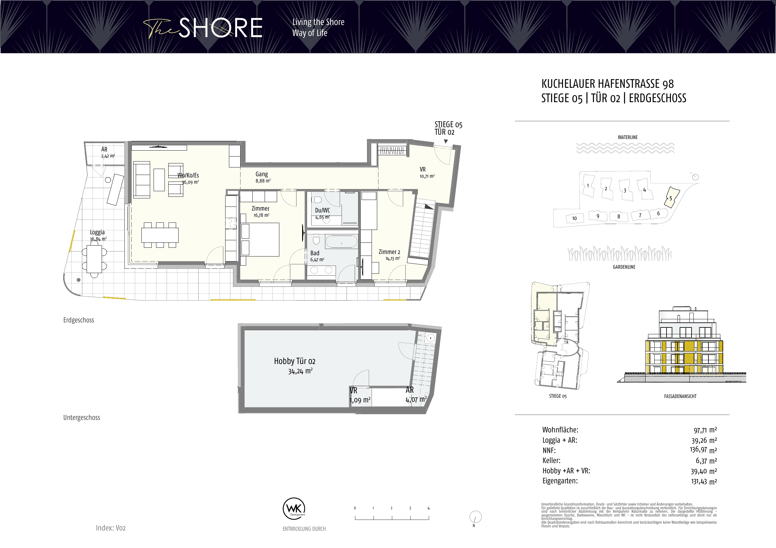 Grundriss Top 05-2 — The Shore — 3 Zimmer — 98,8 m² — Ground floor — Outdoor 38.95 m², Garden 131.43 m², Hobby 39.40 m²