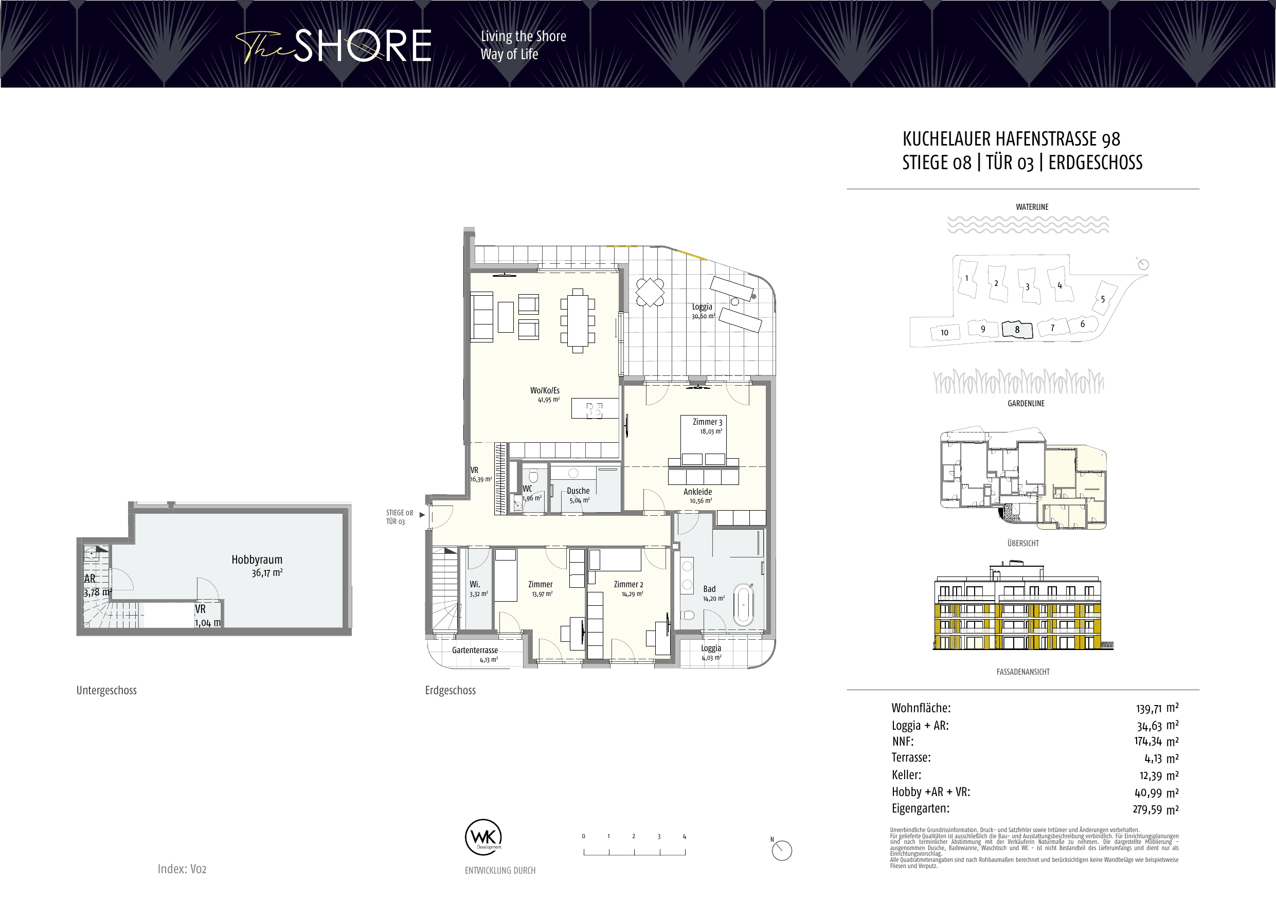 Grundriss Top 08-3 — The Shore — 4 Zimmer — 139,7 m² — Ground floor — Outdoor 38.71 m², Garden 273.86 m², Hobby 40.99 m²