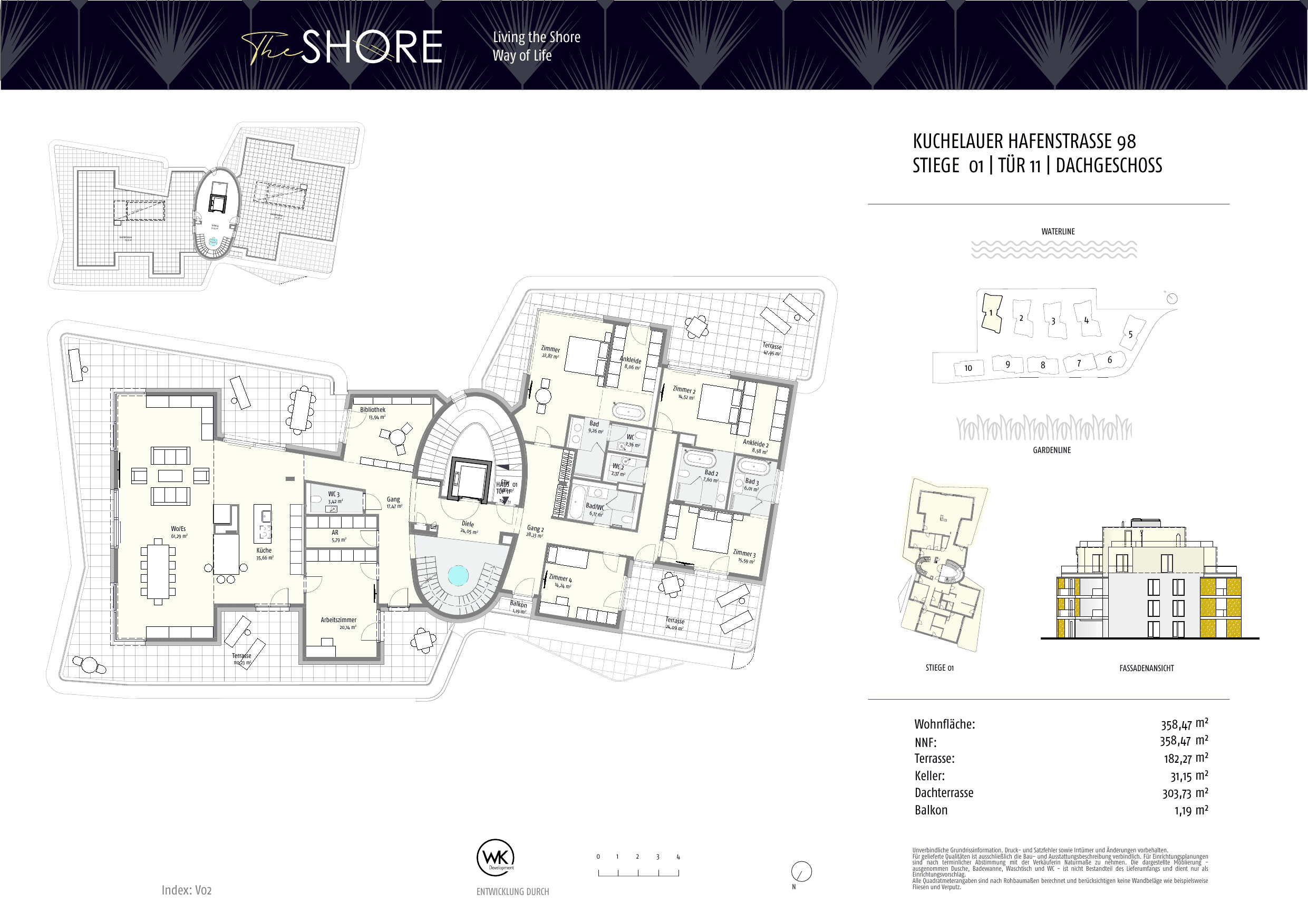 Grundriss Top 01-11 — The Shore — 7 Zimmer — 357,7 m² — Attic floor / Rooftop — Outdoor 485.44 m²