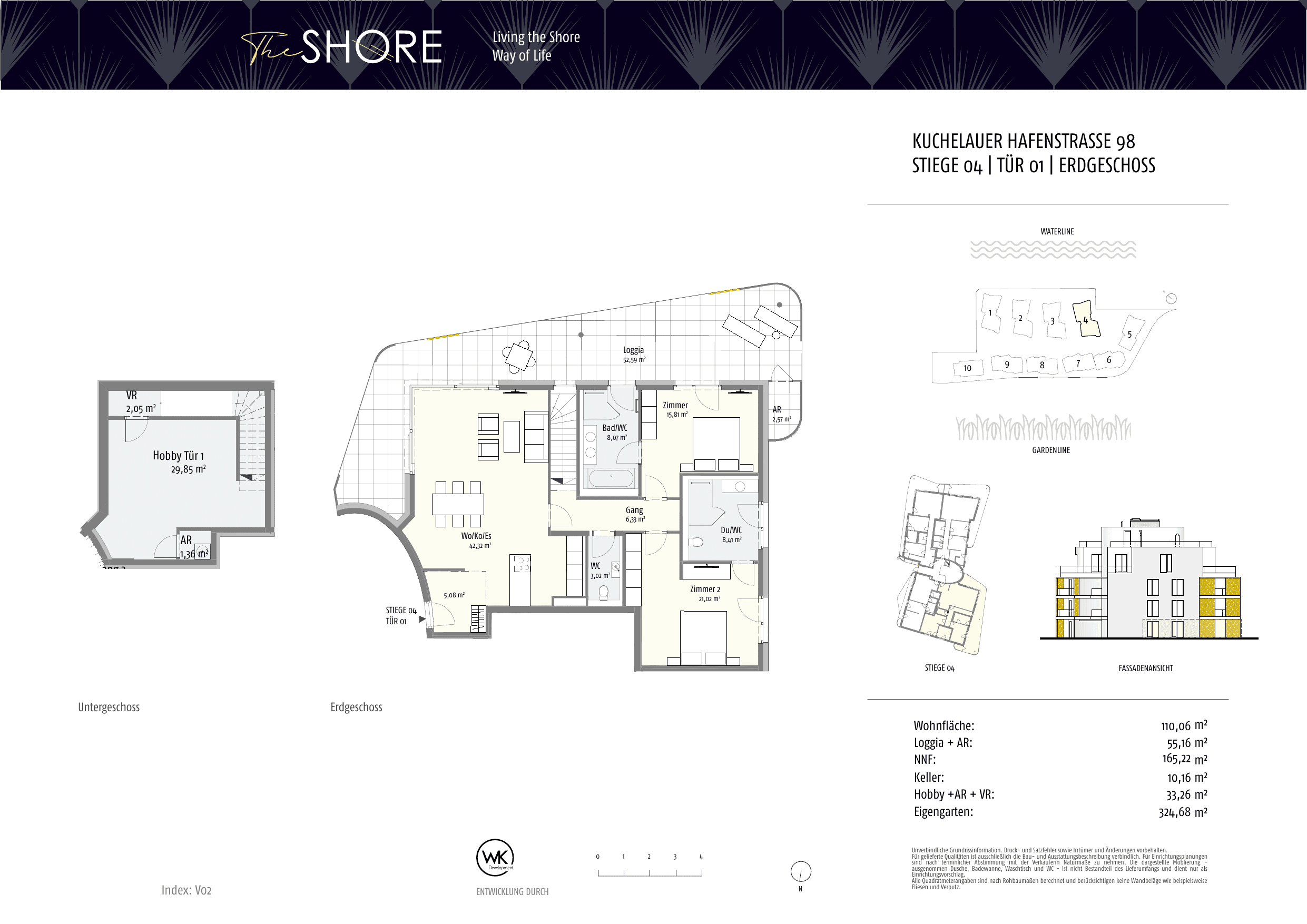 Grundriss Top 04-1 — The Shore — 3 Zimmer — 110,5 m² — Ground floor — Outdoor 55.17 m², Garden 324.68 m², Hobby 33.26 m²