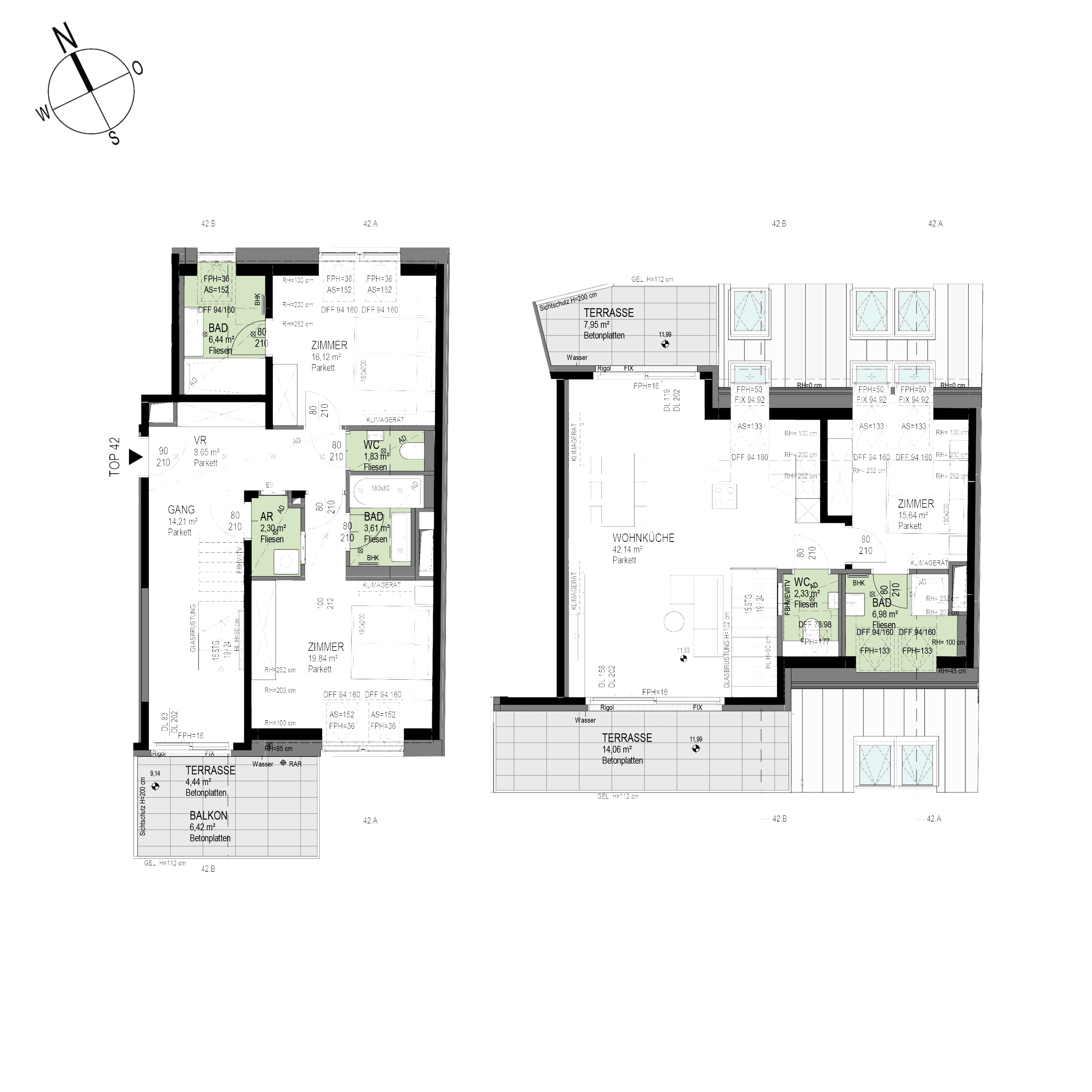 Grundriss Top 2/42 — The Temptation — 4 Zimmer — 139,8 m² — 1st attic floor / 2nd attic floor — S, W — Grundriss 1/3