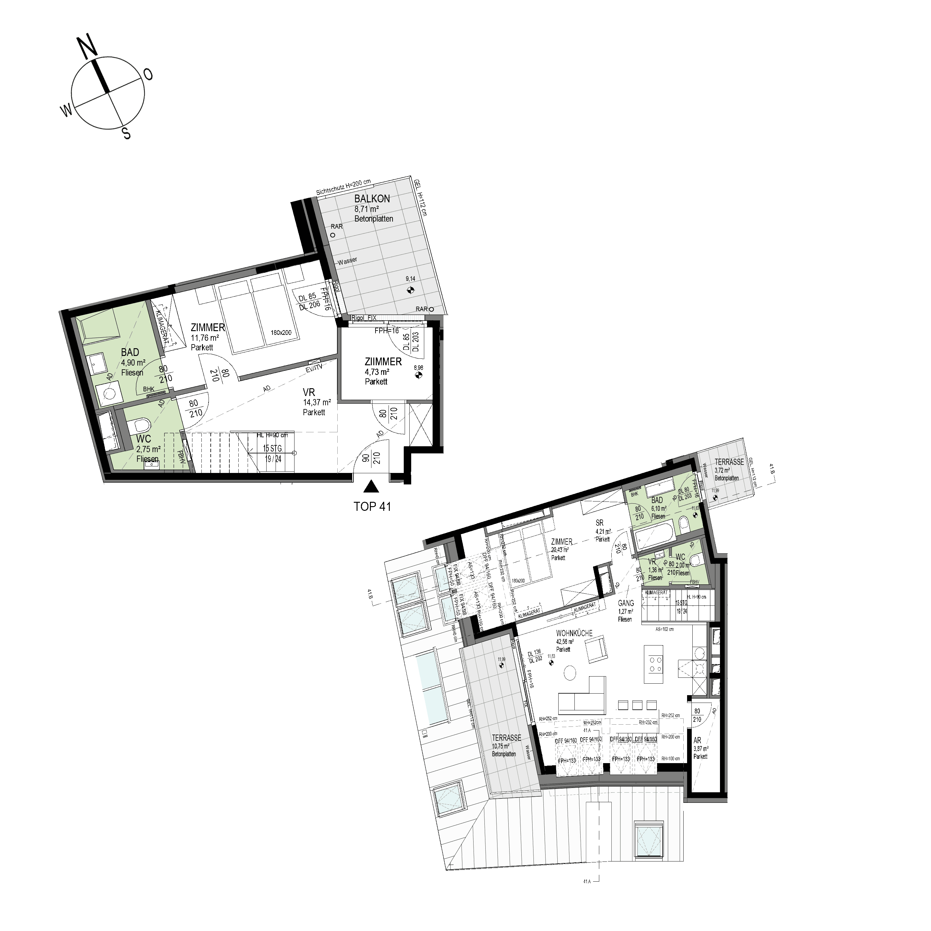Grundriss Top 2/41 — The Temptation — 3 Zimmer — 120,7 m² — 1st attic floor / 2nd attic floor — S, W — Grundriss 1/3