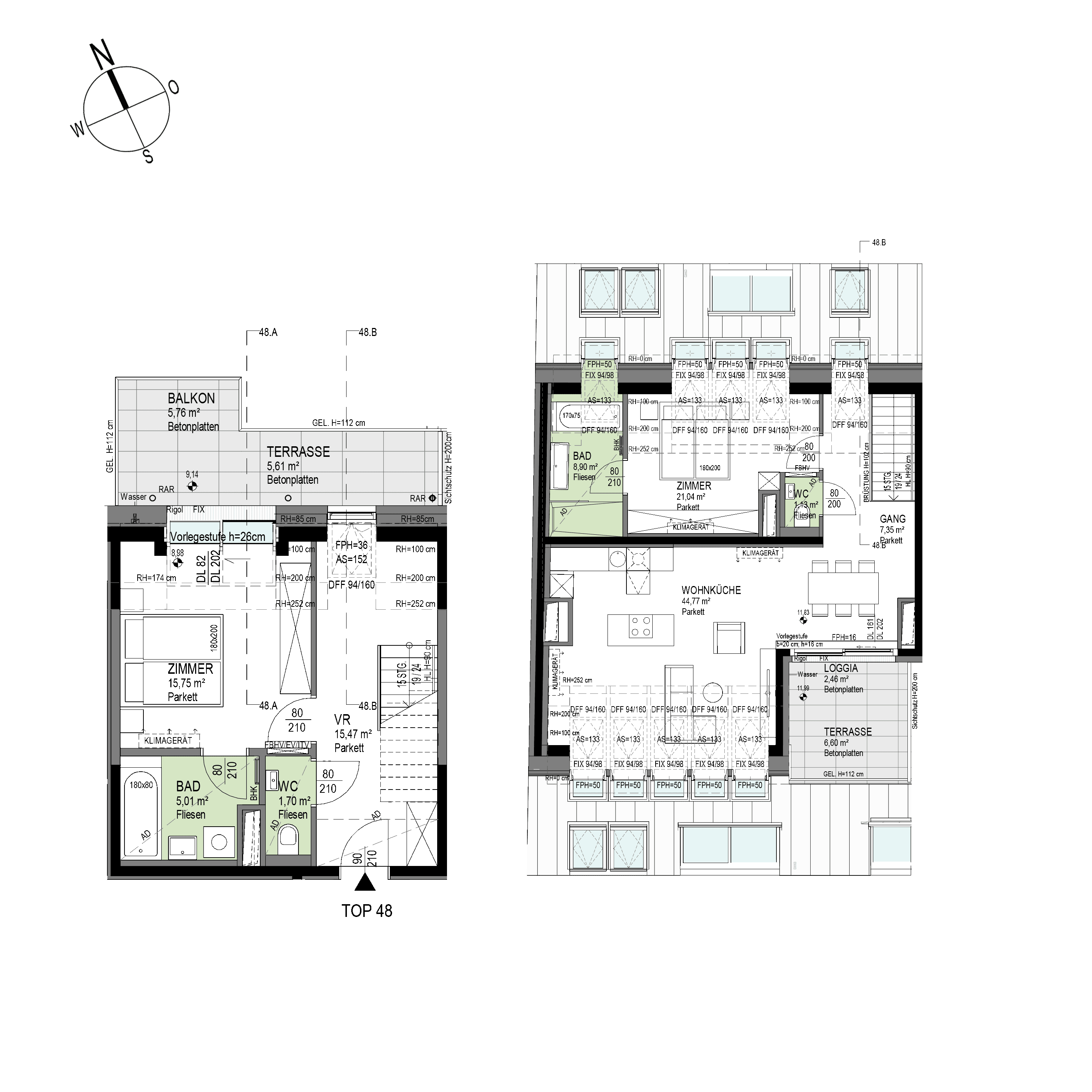 Grundriss Top 2/48 — The Temptation — 3 Zimmer — 120,3 m² — 1st attic floor / 2nd attic floor — S, W — Grundriss 1/3