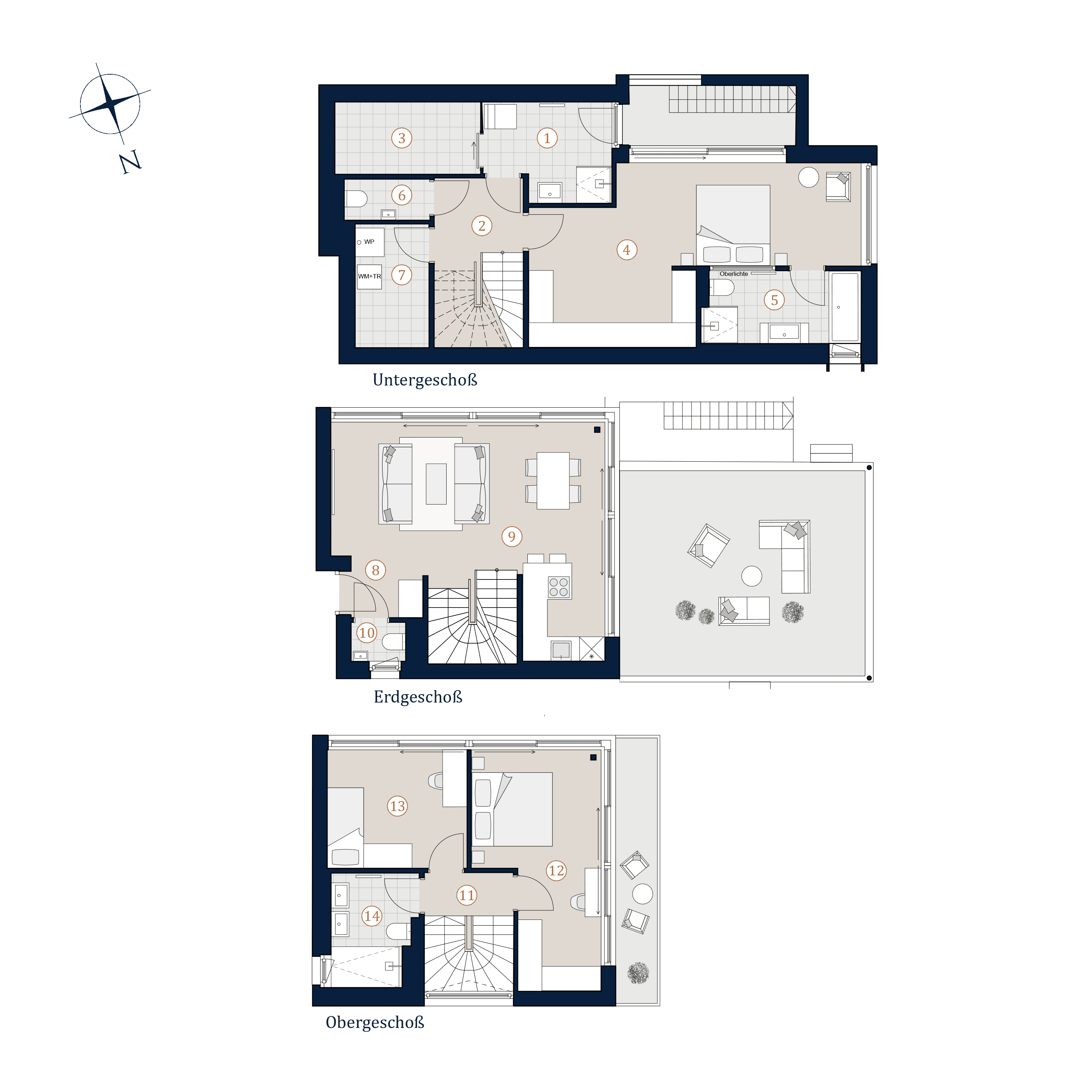 Grundriss Villa 2 — THE UNIQUE Villen — 4 Zimmer — 129,3 m² — Basement / Ground floor / Upper floor — O/S/W — Grundriss 1/4
