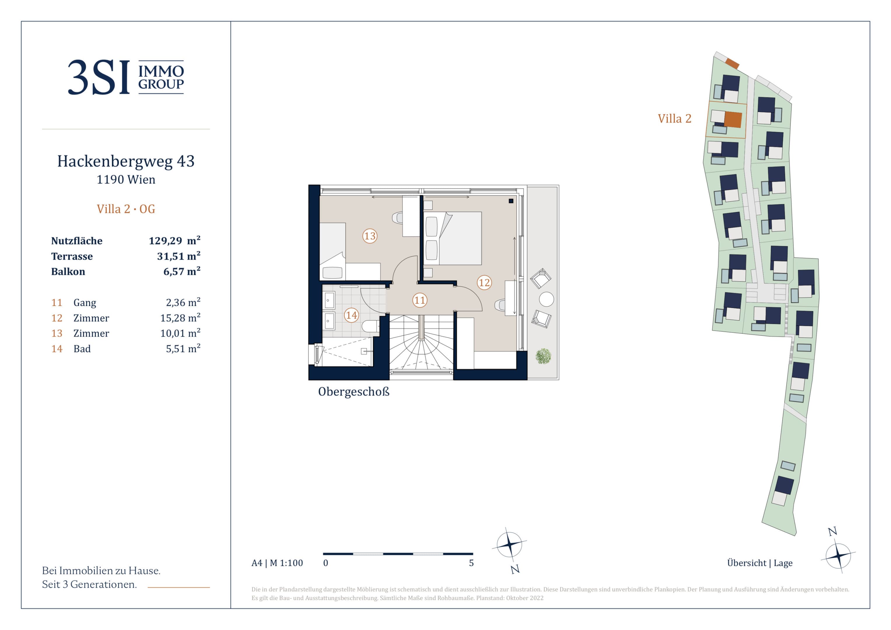 Grundriss Villa 2 — THE UNIQUE Villen — 4 Zimmer — 129,3 m² — Basement / Ground floor / Upper floor — O/S/W — Grundriss 3/4