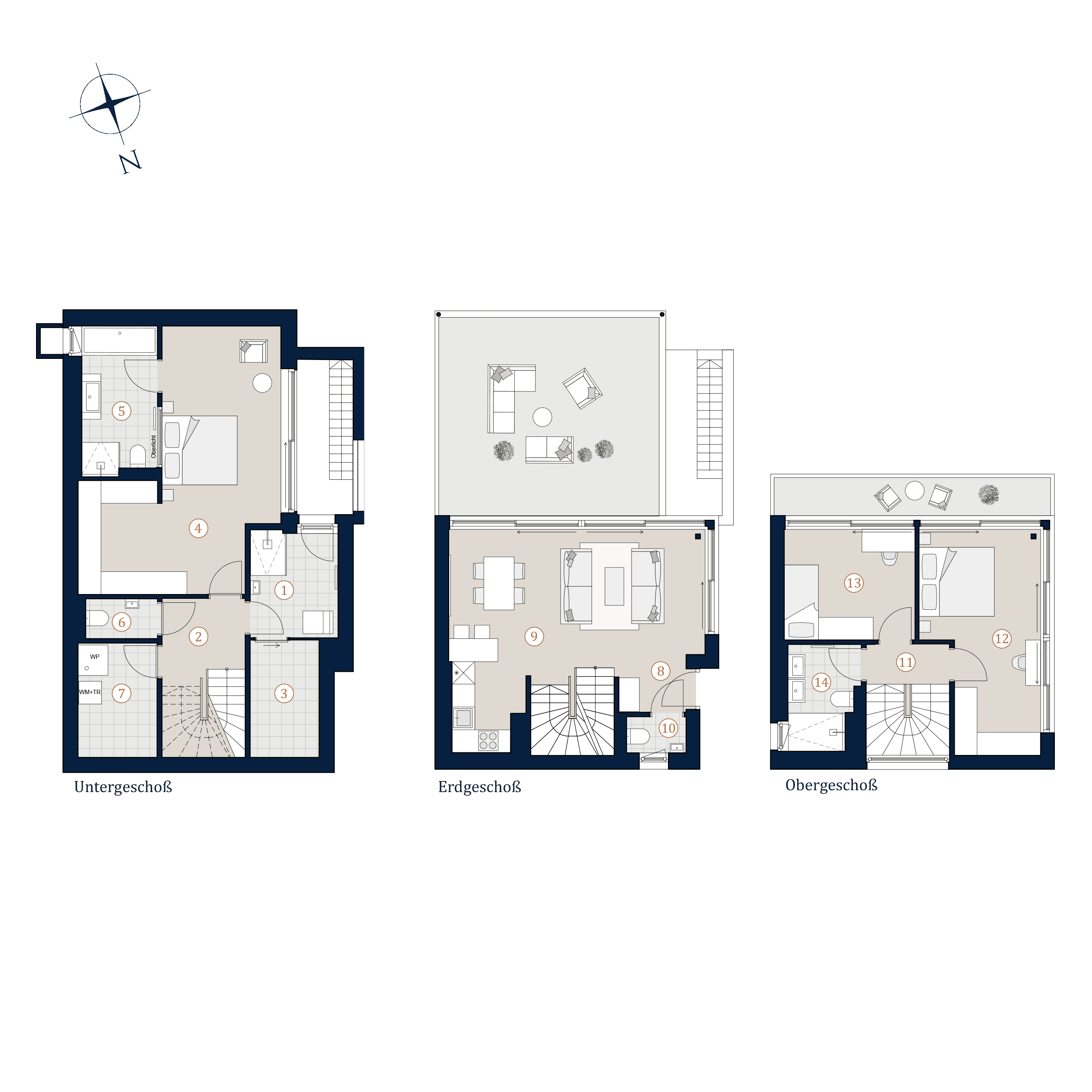 Grundriss Villa 13 — THE UNIQUE Villen — 4 Zimmer — 127,9 m² — Basement / Ground floor / Upper floor — S/W — Grundriss 1/4