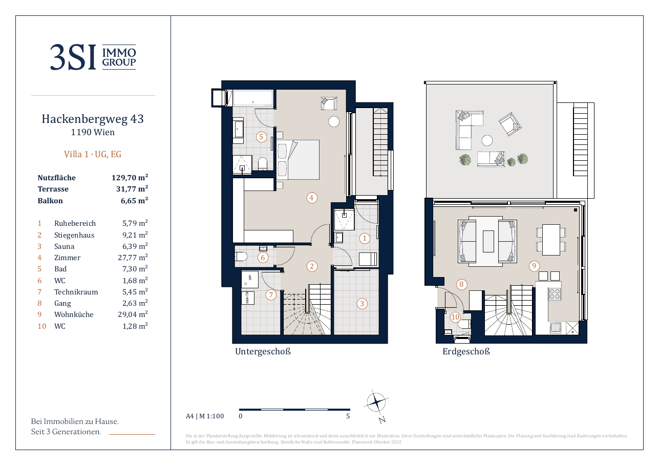 Grundriss Villa 1 — THE UNIQUE Villen — 4 Zimmer — 126,1 m² — Basement / Ground floor / Upper floor — S/W — Grundriss 4/4