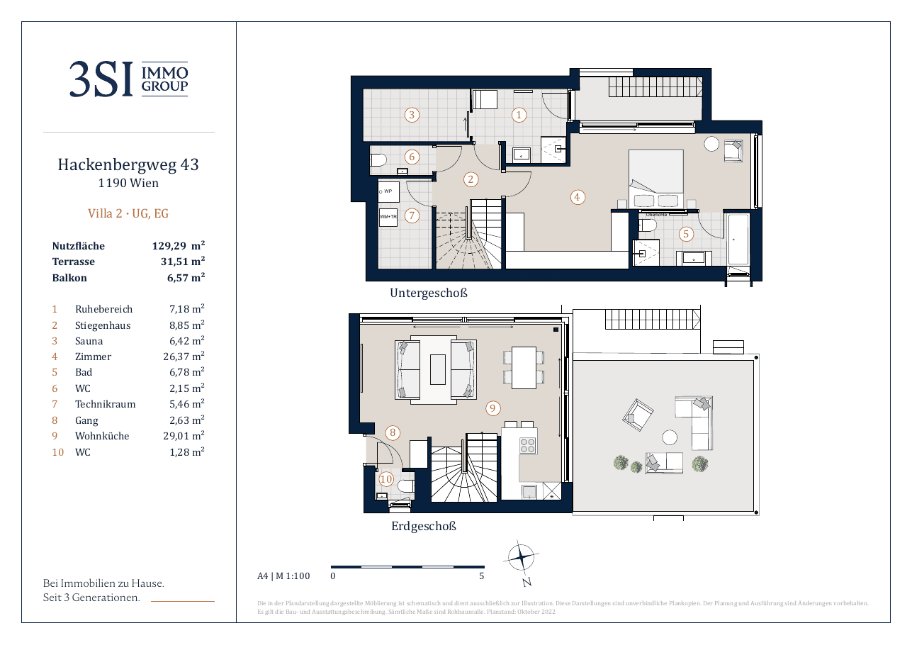 Grundriss Villa 2 — THE UNIQUE Villen — 4 Zimmer — 129,3 m² — Basement / Ground floor / Upper floor — O/S/W — Grundriss 4/4