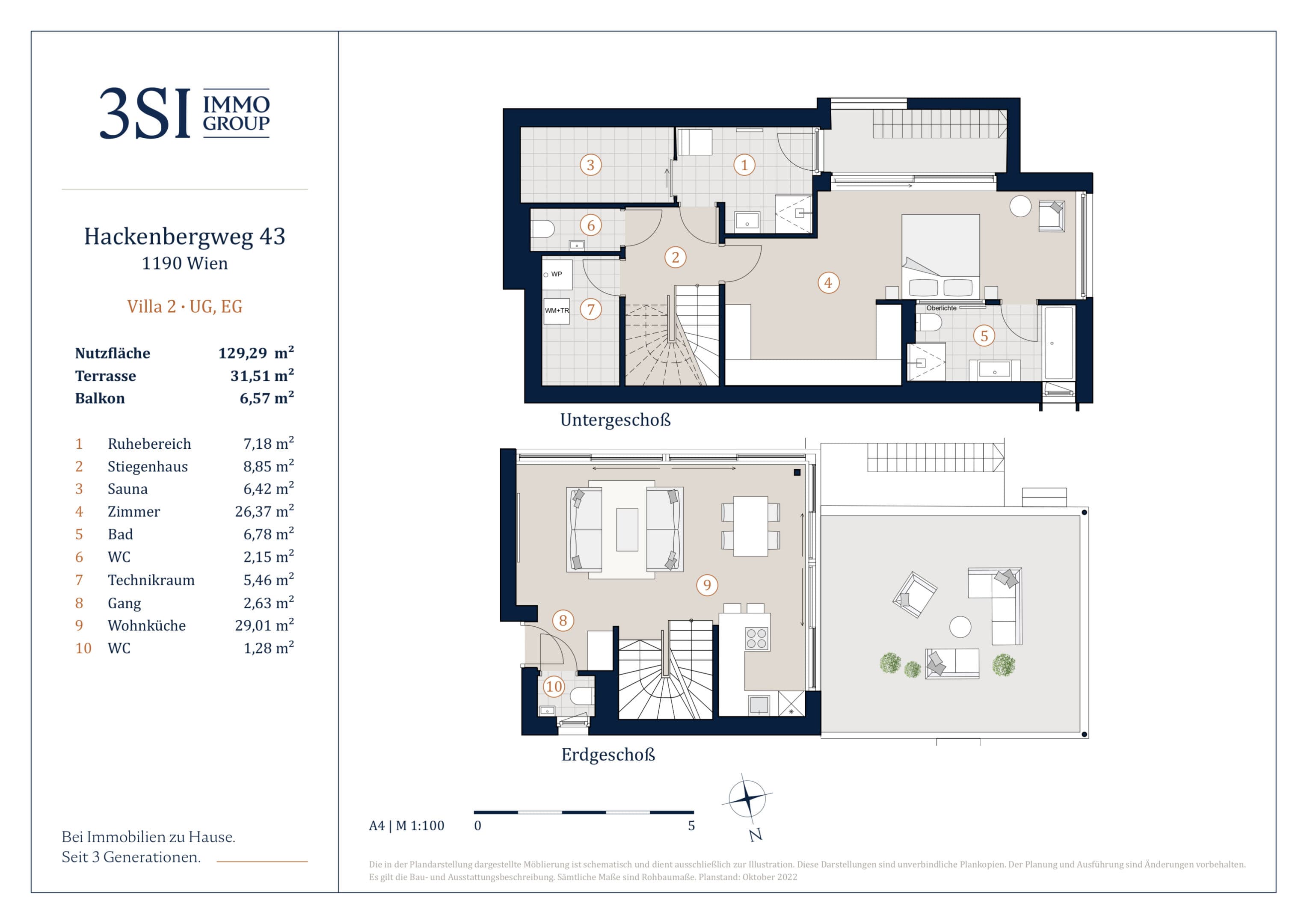 Grundriss Villa 2 — THE UNIQUE Villen — 4 Zimmer — 129,3 m² — Basement / Ground floor / Upper floor — O/S/W — Grundriss 2/4