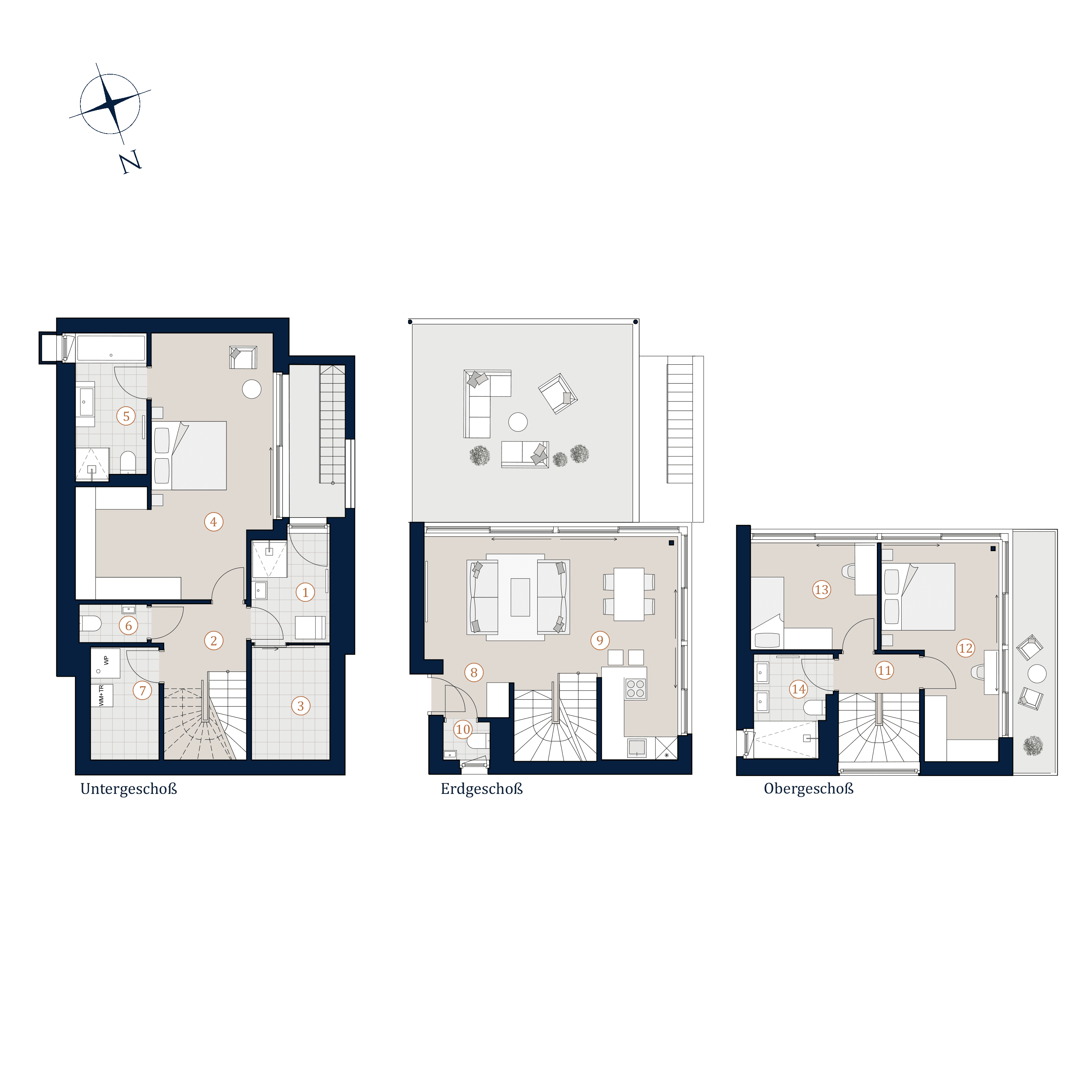 Grundriss Villa 1 — THE UNIQUE Villen — 4 Zimmer — 126,1 m² — Basement / Ground floor / Upper floor — S/W — Grundriss 1/4